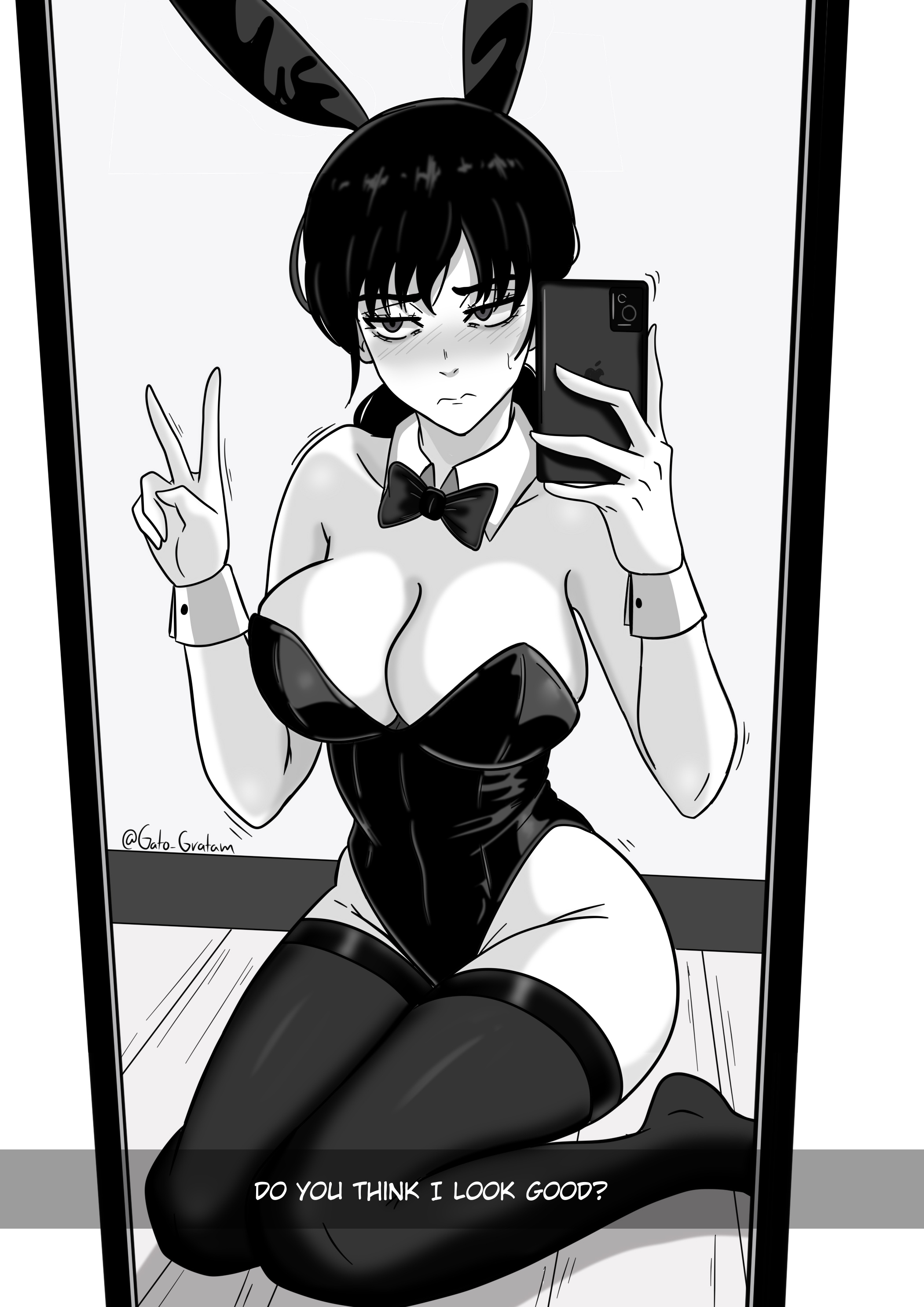 1girls, 2d, 2d (artwork), animal ears, black and white, bunny ears, bunny girl, bunnysuit, chainsaw man, detatched collar, female, female focus, female only, gato gratam, greyscale, holding object, kneeling, leotard, mirror, mitaka asa, monochrome, no color, playboy bunny, rabbit ears, reflection, sitting, solo, solo female, solo focus, thighhighs, wrist cuffs