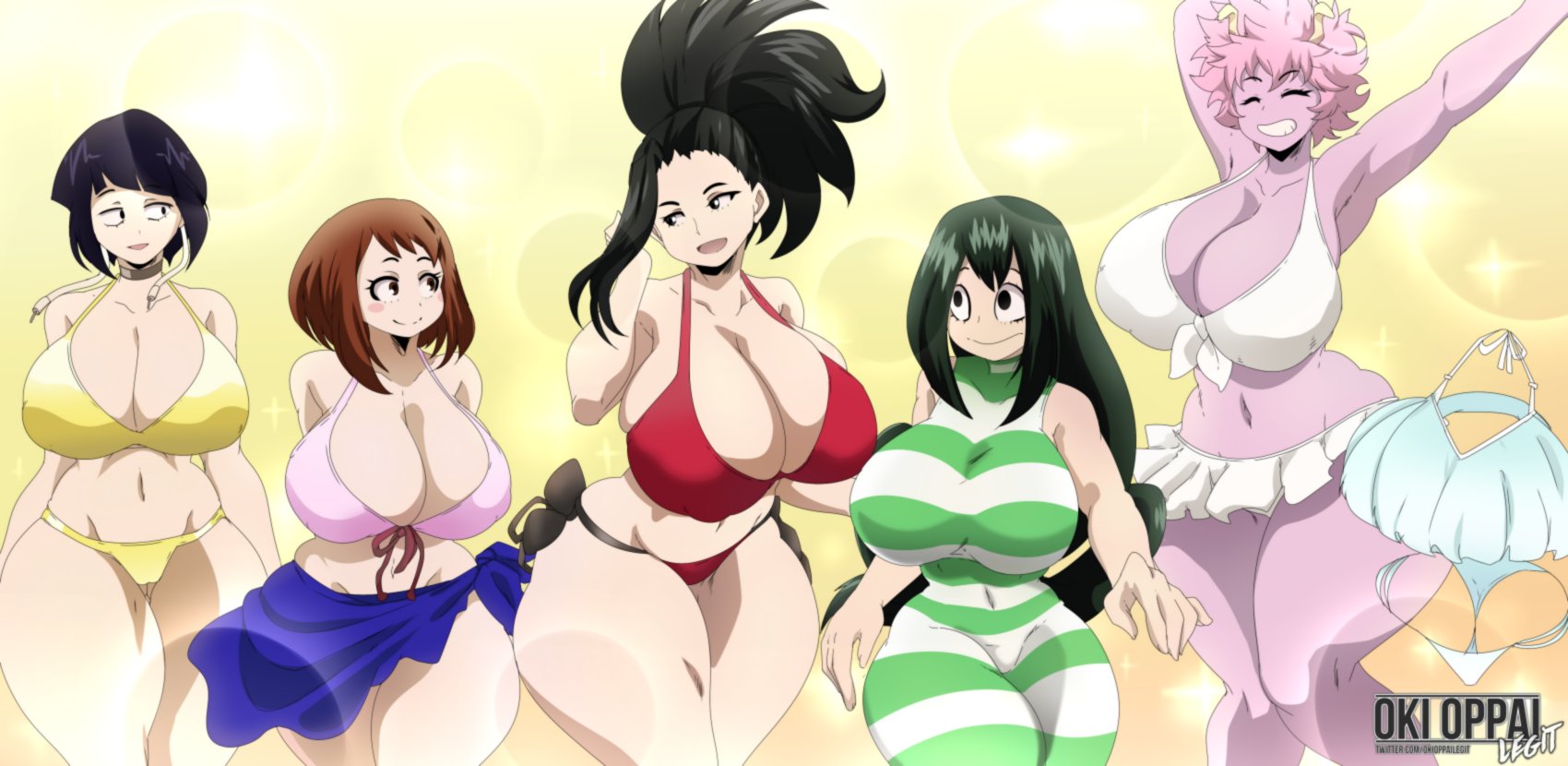 6+girls, 6girls, big breasts, bikini, blue bikini, breasts, brown hair, female, female only, green bikini, green hair, hagakure tooru (invisible), horn, kyoka jiro, mina ashido, momo yaoyorozu, multiple females, multiple girls, my hero academia, ochako uraraka, okioppai, one-piece swimsuit, pink bikini, pink body, pink hair, pink skin, red bikini, shounen jump, thick thighs, tooru hagakure, tooru hagakure (invisible), tsuyu asui, voluptuous, white bikini, yellow bikini, yellow eyes