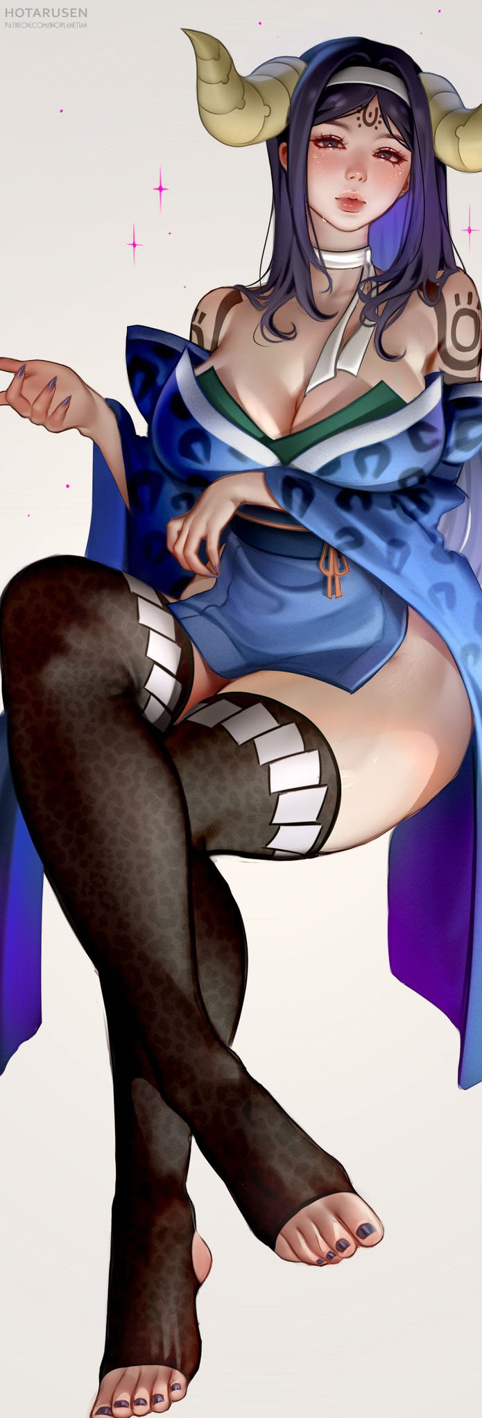1girls, arm under breasts, big breasts, black hair, black toenail polish, cleavage, clothing, crossed legs, fairy tail, female, female only, hi res, horns, hotaru sen, legwear, long hair, looking at viewer, purple hair, purple-haired female, seilah, sitting, solo, stirrup legwear, white background