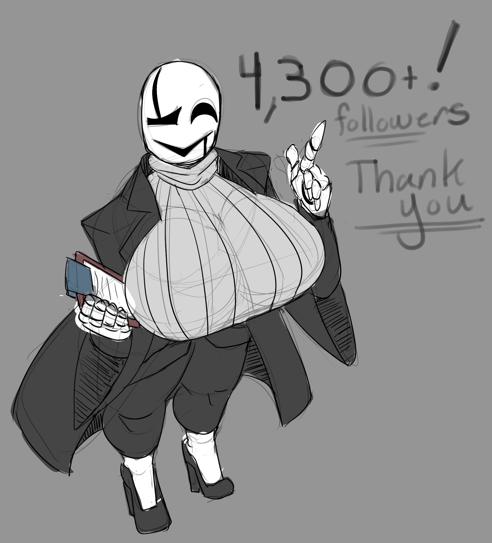 big breasts, black high heels, black pants, breasts, clipboard, fem gaster, female, female only, gaster, grey background, grey sweater, high heels, khiartz, pants, rule 63, solo, solo female, sweater, tagme, text, turtleneck, turtleneck sweater, undertale, undertale (series)