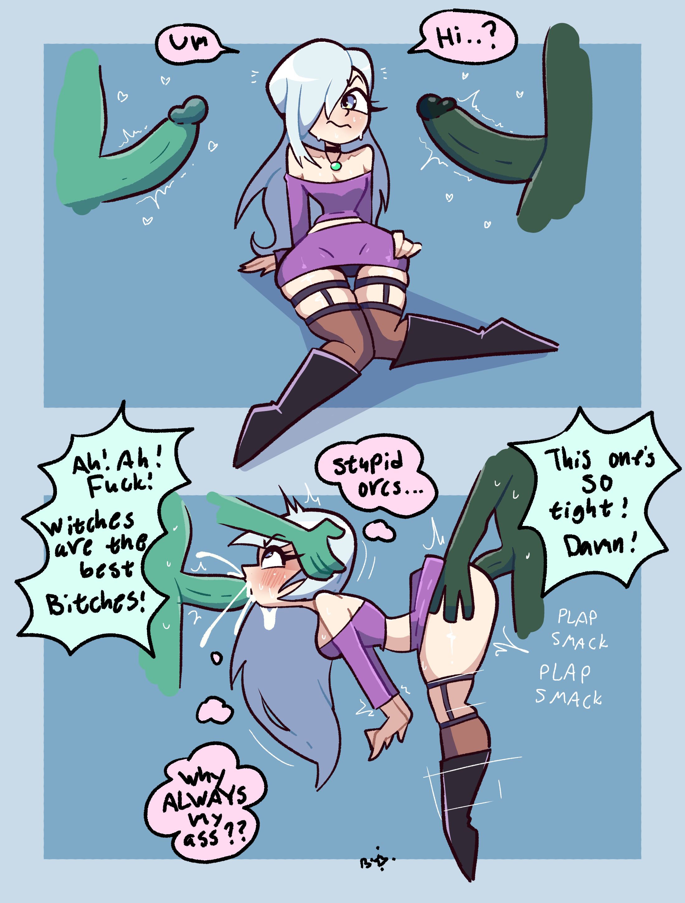 1girls, anal, art request, blightstar, clothed, dialogue, dress, english text, forced, goblin, goblin male, hair over one eye, lifted, monster cock, offscreen male, original, original character, raped by monster, sitting, speech bubble, spitroast, tagme, thought bubble, vera (oc), witch