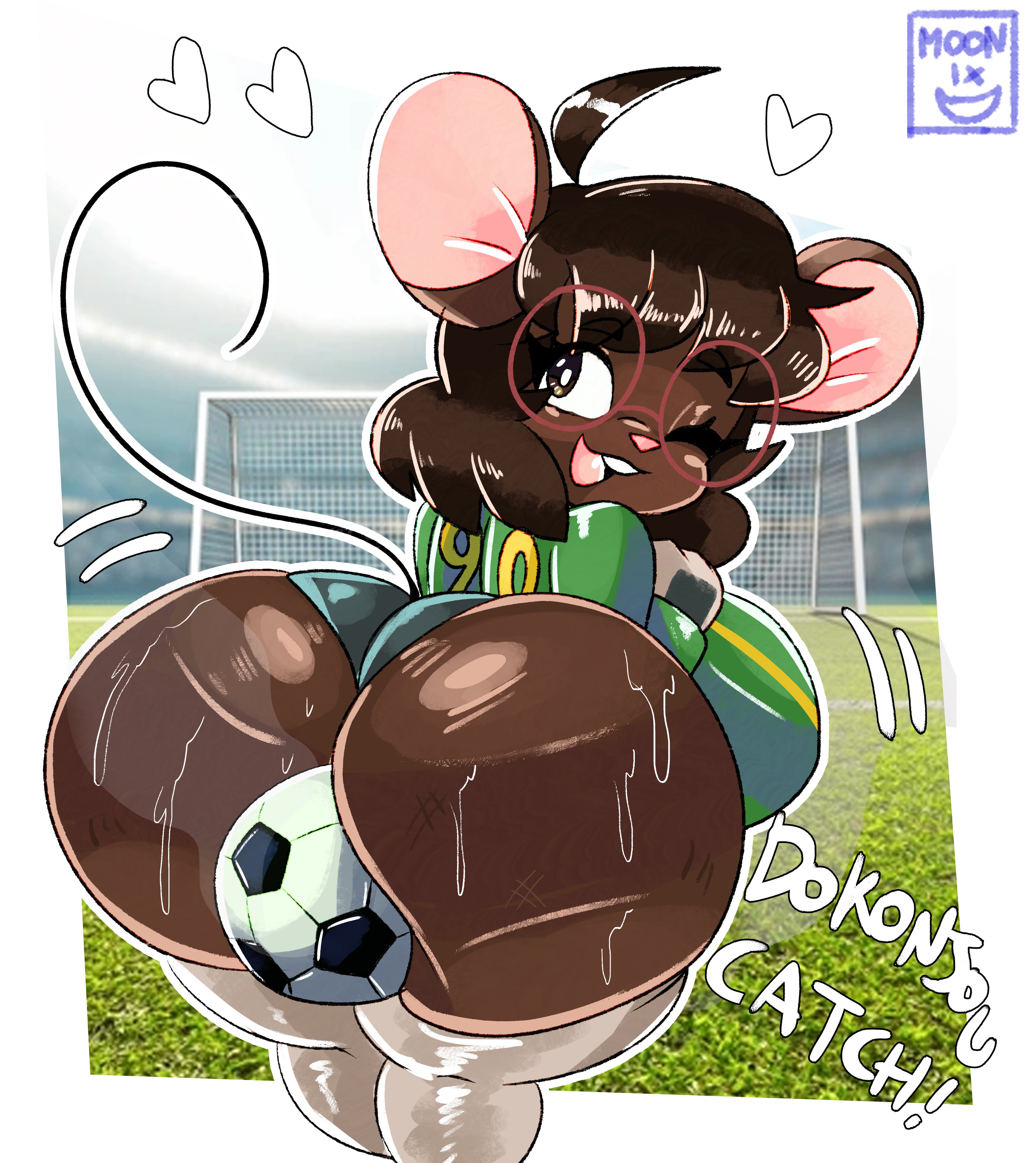 ass, breasts, brown fur, brown hair, brown skin, gwen martin, hit by ball, looking at viewer, moonix xero, mouse, rodent, soccer, soccer ball, soccer uniform, socks, sweat, sweating