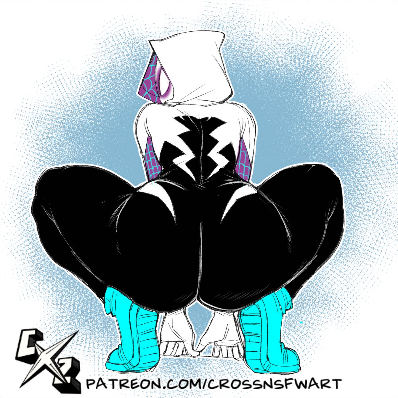 2d, 2d (artwork), 2d artwork, ass, crossnsfw, female, gwen stacy, looking back, marvel, marvel comics, mask, masked, masked female, solo, spider-gwen, spider-man (series), superheroine, thick, thick ass, thick hips, thick legs, thick thighs, thighs