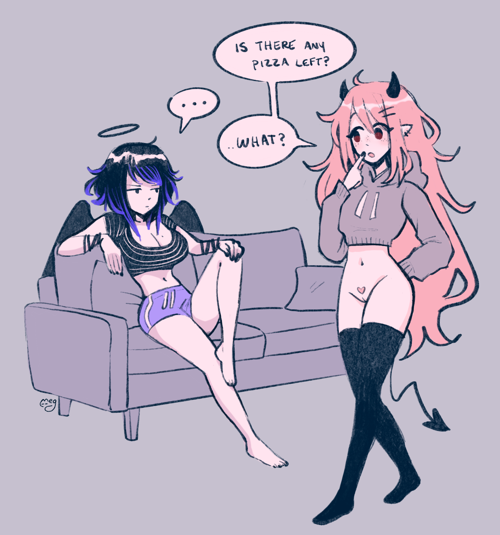 2girls, bottomless, bottomless female, halo, horns, june (megrocks), kaina (megrocks), megrocks, naked, naked female, nude, pink hair, purple hair, sitting, sitting on couch, speech bubble, thighs, yuri