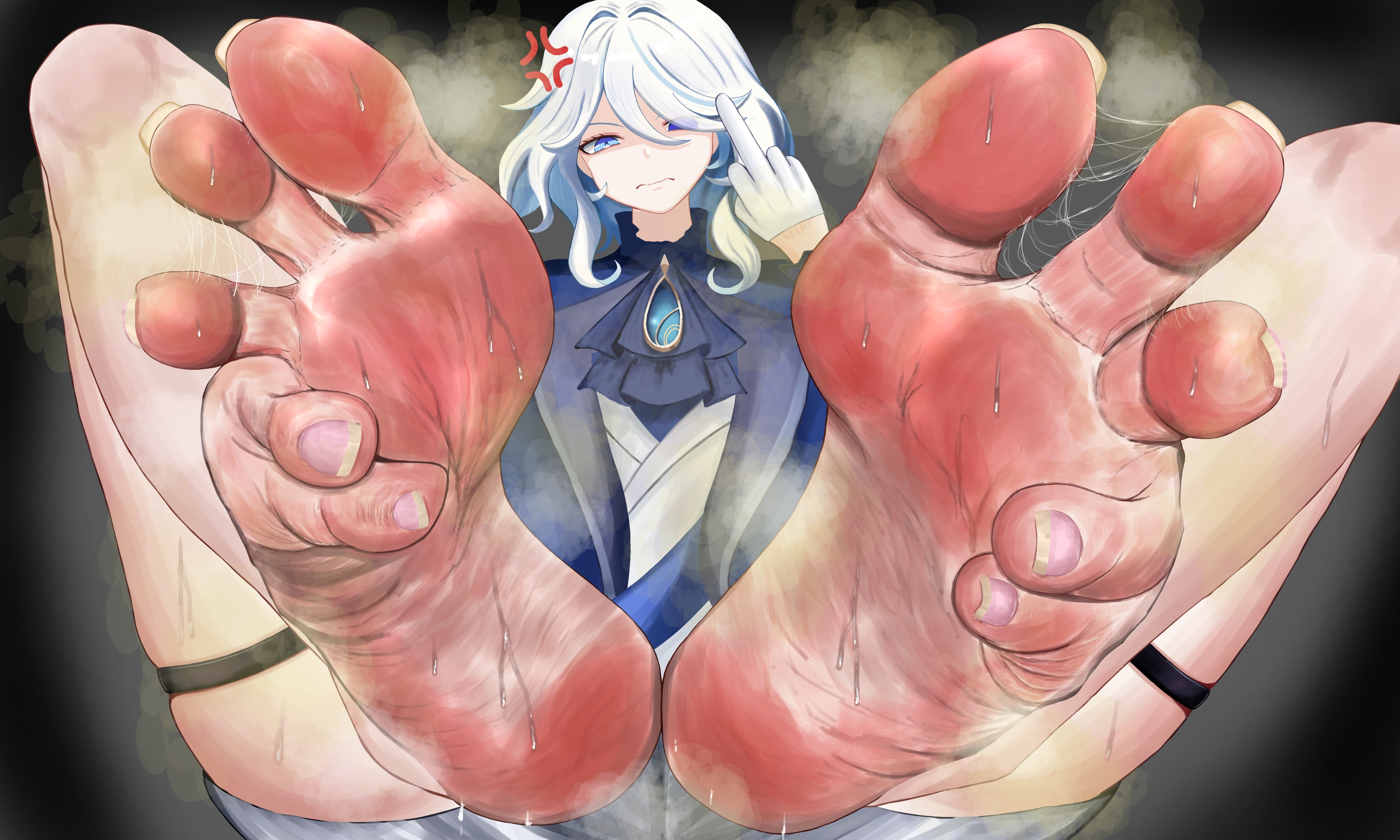 angry, angry face, big feet, body odor, detailed soles, dripping sweat, feet, feet close to viewer, foot fetish, foot focus, furina (genshin impact), genshin impact, middle finger, musk, smelly, smelly feet, steamy, steamy feet, steamy soles, stink fumes, sweaty feet, sweaty soles, toejam