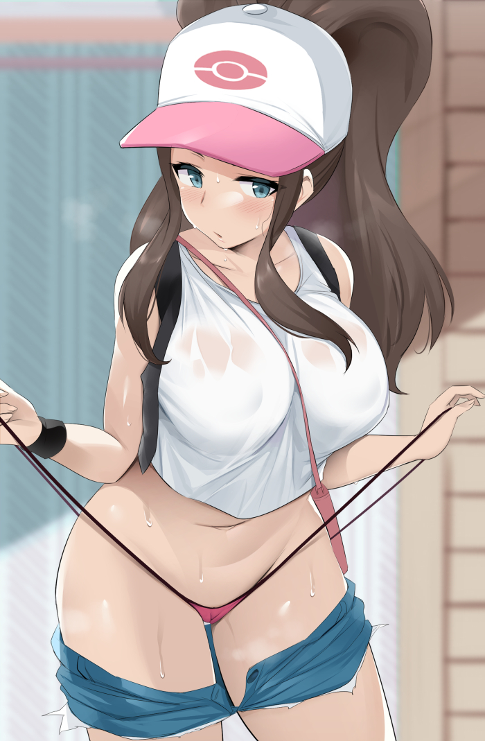 1girls alternate_breast_size big_breasts breasts cameltoe cleavage embarrassed eye_contact female female_only half-closed_eyes heavy_breathing hilda_(pokemon) human large_breasts looking_at_viewer nintendo noripachi panties partially_clothed pokemon pokemon_bw ponytail shorts solo standing sweat tank_top thick_thighs tight_clothing wet wide_hips