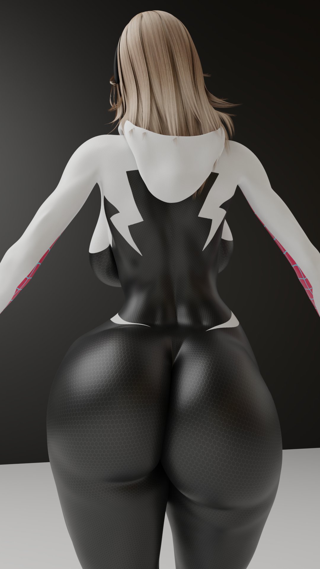 1girls, 3d, ass, ass focus, backboob, big ass, big breasts, blonde hair, bodysuit, breasts, cpt-flapjack, female, female only, gwen stacy, huge ass, huge breasts, large breasts, light-skinned female, marvel, marvel comics, mavixtious, solo, spider-gwen, spider-man (series)
