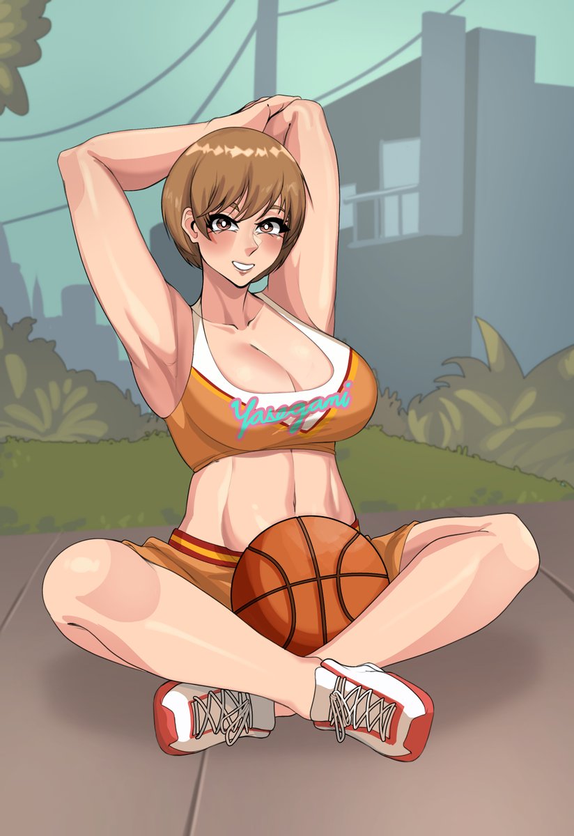 1girls, armpits, arms behind head, basketball, basketball (ball), basketball shorts, basketball uniform, bottomwear, breasts, brown hair, capcom, cleavage, cosplay, crossed legs, female, female only, footwear, hair, legs crossed, medium breasts, persona, persona 4, pose, posing, rebecca chambers (cosplay), resident evil, satonaka chie, shoes, short hair, sieroo, smile, solo, solo female, topwear