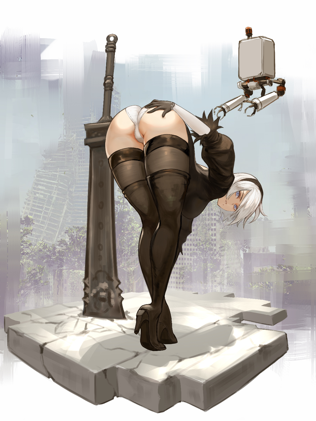 1girls, android, ass, azto dio, big ass, big breasts, blue eyes, bob cut, breasts, female, female only, floating, from behind, full body, high heel boots, high heels, looking back, nier (series), nier: automata, planted sword, pod (nier), short hair, solo, solo female, solo focus, stockings, thick thighs, thighhighs, yorha 2b