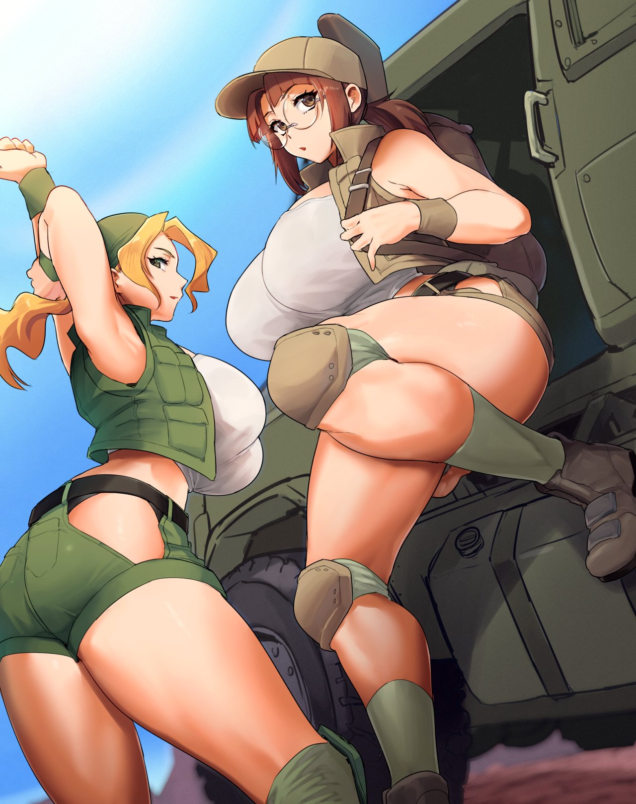 2girls, bandana, bare shoulders, belt, bent over, blonde hair, box, breasts, brown belt, brown hair, brown hat, brown shoes, brown shorts, brown vest, christmas, christmas tree, cleavage, closed mouth, collarbone, commentary request, field cap, fio germi, glasses, green bandana, green vest, hat, highres, holding, holding gift, huge breasts, kasamoto eri, knee pads, madsensei, metal slug, multiple girls, off shoulder, open clothes, open mouth, open vest, rimless eyewear, shoes, short shorts, shorts, small sweatdrop, squatting, standing, tank top, vest, white tank top