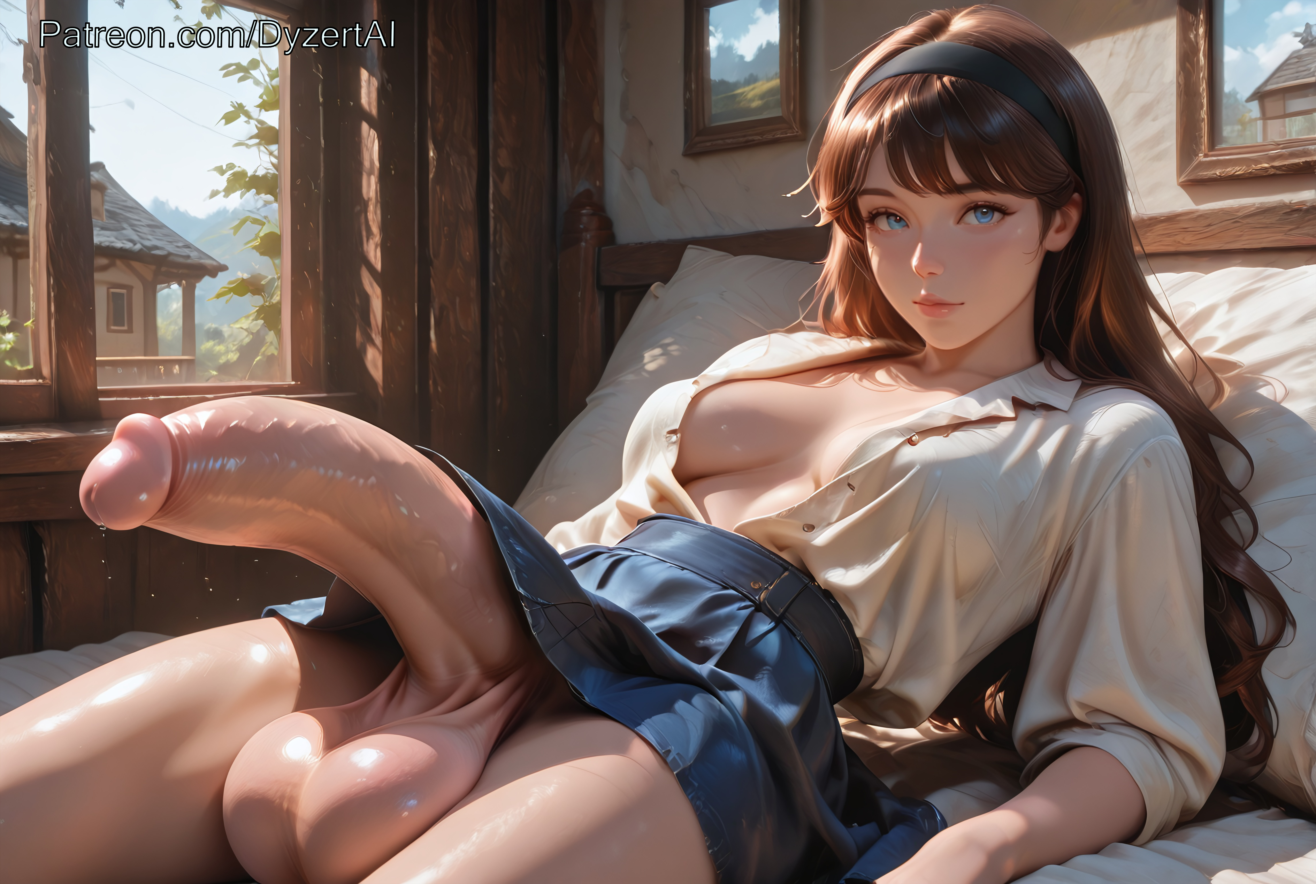 1futa, 2026, ai generated, balls, blue eyes, breasts, brown hair, clair obscur: expedition 33, clea (clair obscur: expedition 33), clothed, cock, day, dyzertai, futanari, headband, huge balls, huge cock, huge testicles, imminent fellatio, imminent oral, indoors, long hair, looking at viewer, lying, lying on back, medium breasts, penis, pent up, self upload, skirt, skirt lift, solo, testicles, throbbing penis, uncensored, white shirt