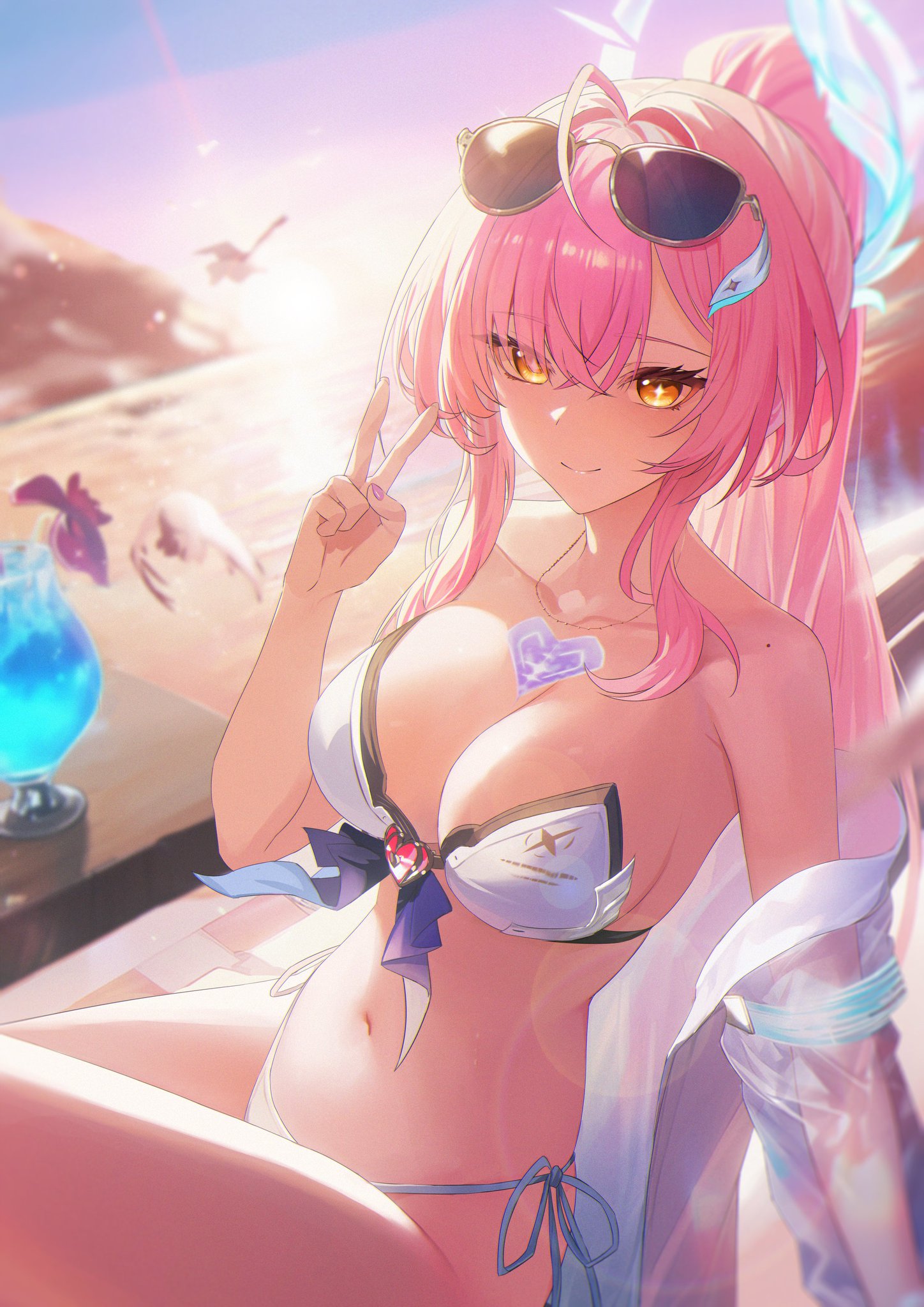 1girls, aemeath (wuthering waves), beach, breasts, exposed breasts, female, female only, jiang ye kiri, jygfams, long hair, orange eyes, peace sign, pink hair, ponytail, swimsuit, white swimsuit, wuthering waves