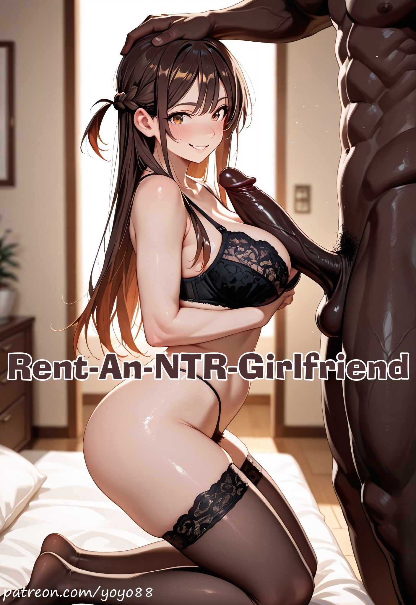 ai generated, big breasts, big penis, black bra, blush, bra, braid, breasts, brown eyes, brown hair, caption, clothing, cuckold, cuckolding, curvy, curvy female, curvy figure, dark-skinned male, erection, female, grin, huge breasts, huge cock, imminent oral, imminent sex, in front of cuckold, indoors, interracial, kanojo okarishimasu, large breasts, large penis, long hair, looking at viewer, male, male/female, mizuhara chizuru, netorare, netorase, ntr, nude, on knees, penis, penis between breasts, smile, stockings, testicles, thighhighs, thighs, thong, uncensored, voluptuous, voluptuous female, yoyo88