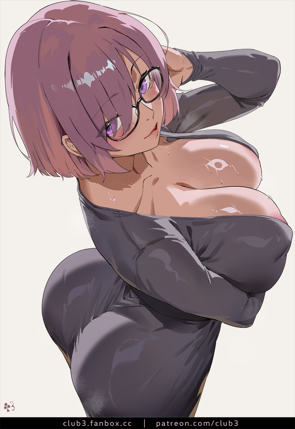 1girls, ass crack, bubble butt, club3, covered nipples, curvy figure, exposed breasts, fate (series), fate/grand order, female focus, female only, glasses, huge ass, huge breasts, looking at viewer, looking up, mash kyrielight, seductive look, seductive smile, short hair, tight clothing, tight dress, white background