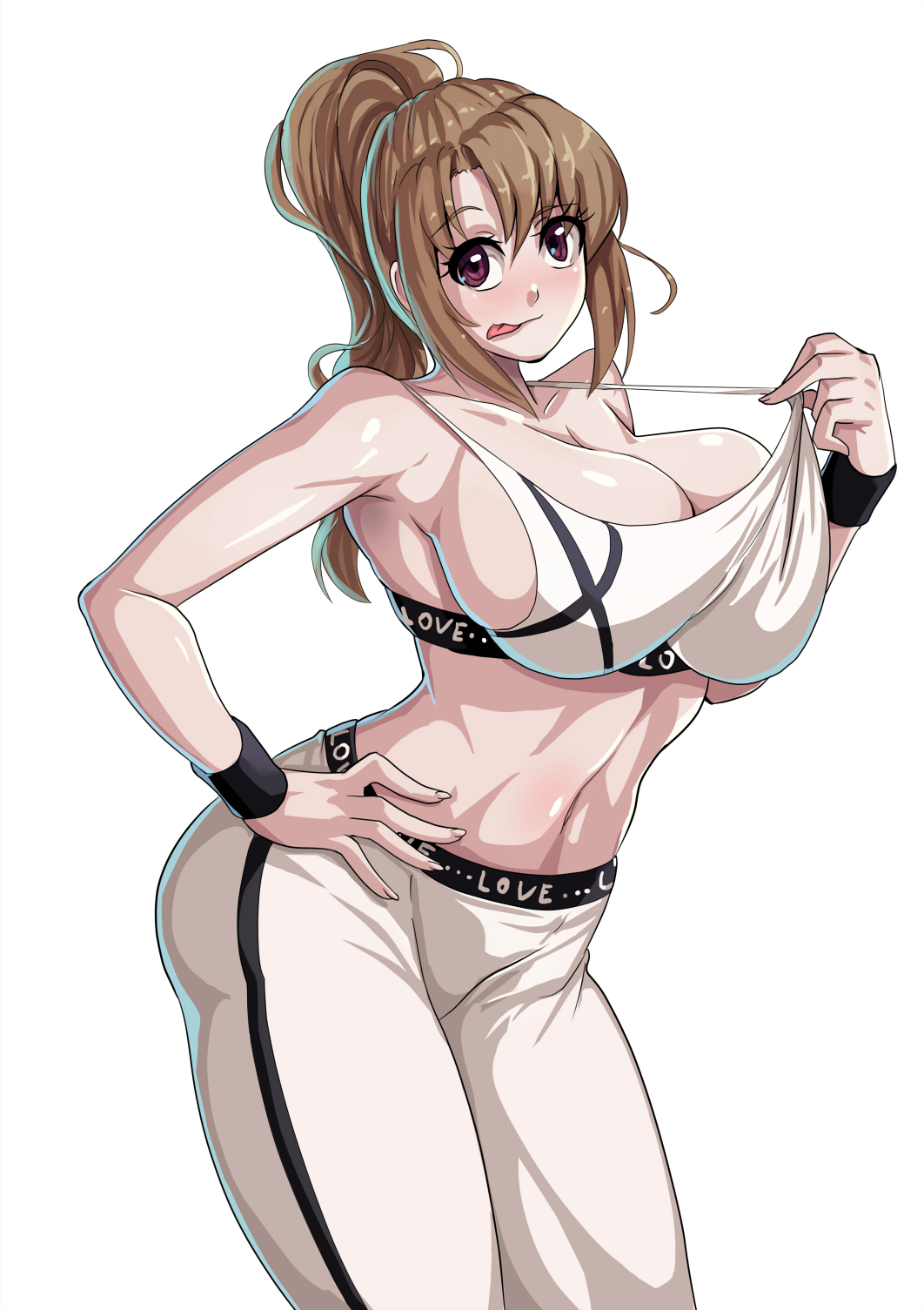 ass, big ass, big breasts, breasts, brown hair, cleavage, female, female only, hourglass figure, long hair, mature female, milf, nico-mo, oosuki mamako, ponytail, purple eyes, solo, solo female, solo focus, thick thighs, tongue, tongue out, tsuujou kougeki ga zentai kougeki de ni-kai kougeki no okaasan wa suki desu ka?