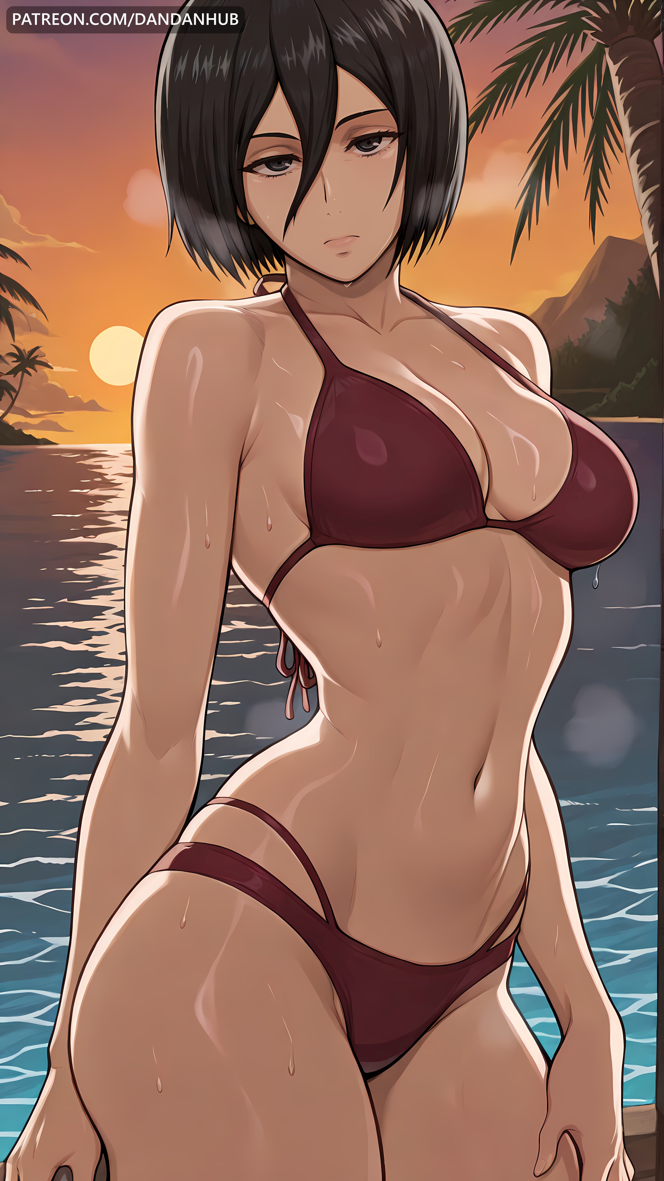 ai generated, attack on titan, beach, bikini, black eyes, black hair, breasts, cleavage, collarbone, dandanhub, female, female only, hair between eyes, looking at viewer, medium breasts, mikasa ackerman, navel, ocean, outdoors, palm tree, red bikini, shingeki no kyojin, short hair, sky, solo, sunset, swimsuit, tree, water, wet