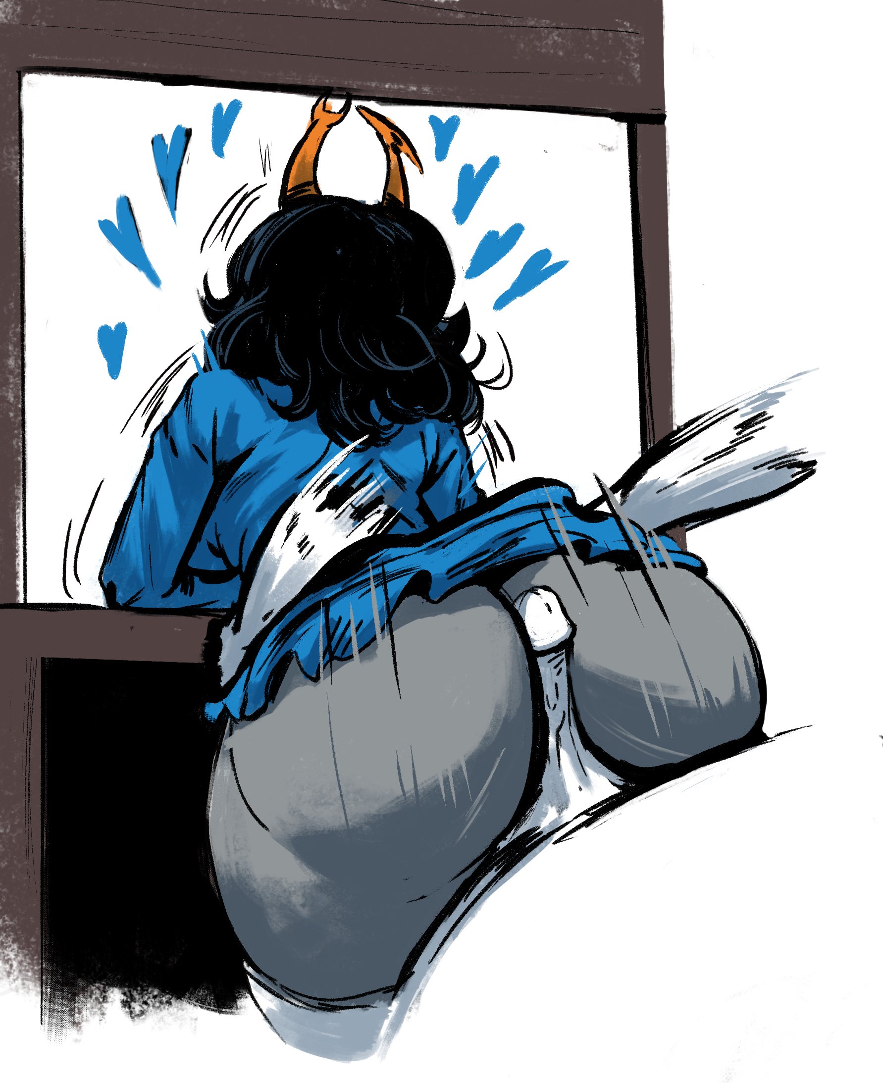 aranea serket, ass focus, blue dress, buttjob, facing away, female focus, gray skin, heart, homestuck, homestuck troll, huge ass, leaning on elbow, ms paint adventures, redblacktac