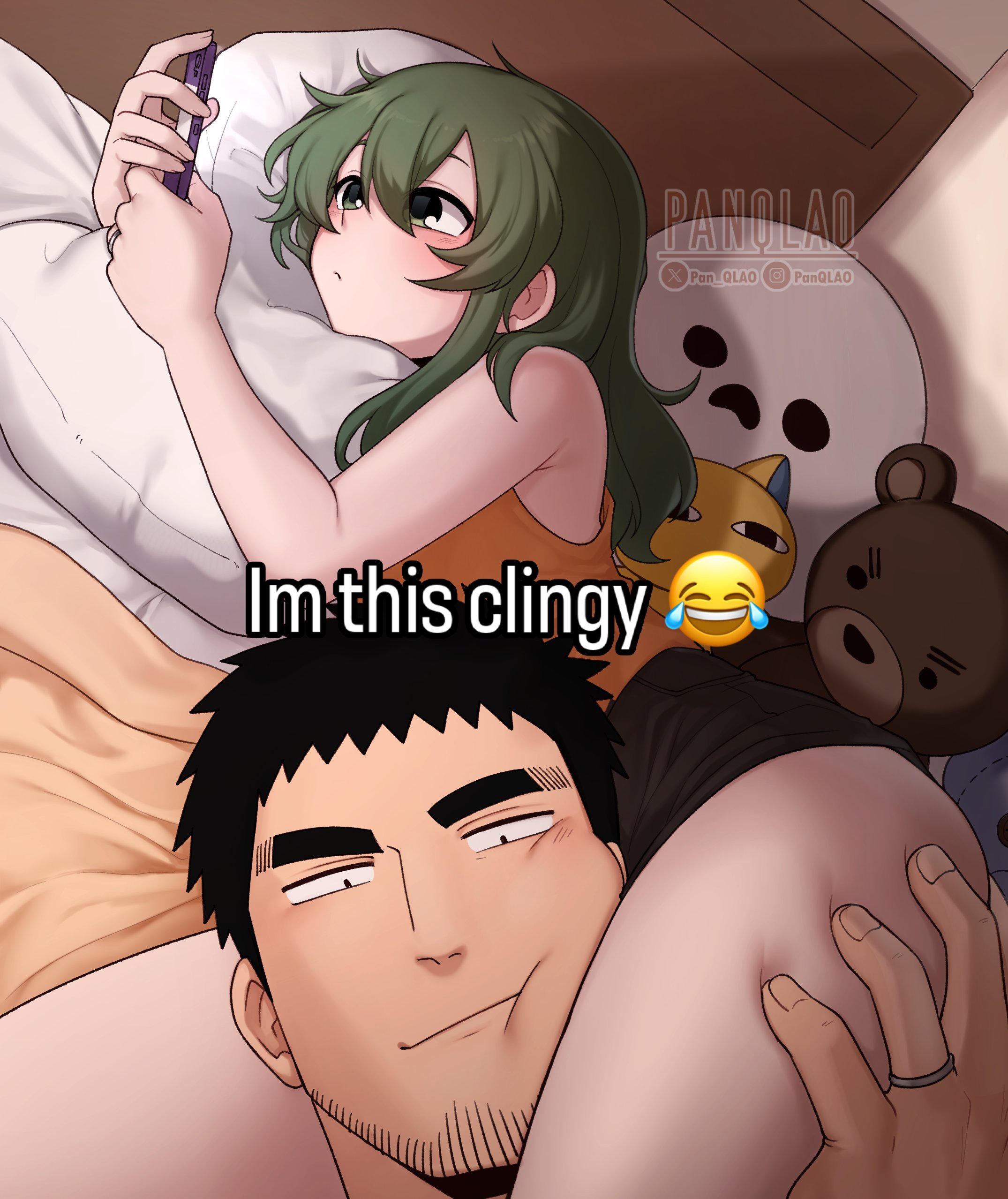 1boy, 1boy1girl, 1girls, bed, between thighs, black shorts, clingy, clothed, deep skin, duo, english text, green eyes, green hair, husband and wife, igarashi futaba, im this clingy (meme), meme, panqlao, petite, petite female, selfie, senpai ga uzai kouhai no hanashi, short shorts, shorts, snapchat, straight, takeda harumi, thick eyebrows, thighs, wedding ring