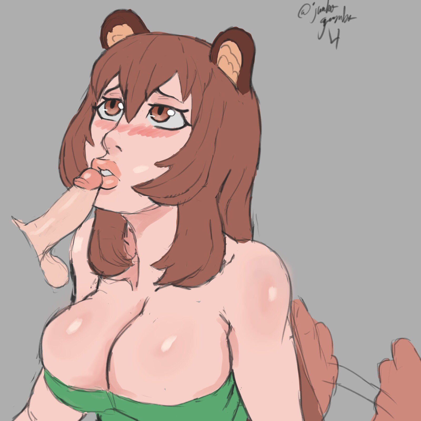 animal ears, big breasts, breasts, brown eyes, brown hair, female, imminent oral, jumbogumbo, raccoon ears, raccoon girl, raccoon tail, raphtalia, tail, tate no yuusha no nariagari