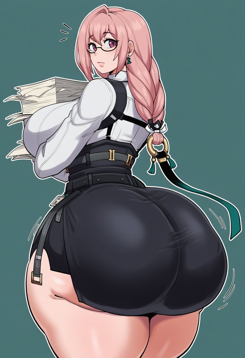 2d, ai generated, ass, ass bigger than head, ass bigger than torso, back, back view, backboob, black skirt, bottom heavy, breasts, breasts bigger than head, bubble butt, colored, curvy, earrings, gigantic ass, gigantic breasts, gigantic hips, gigantic thighs, glasses, globogloboai, hips, hourglass figure, light-skinned female, looking at viewer, looking back, makeup, massive ass, massive hips, massive thighs, office clothing, office lady, pink eyes, pink hair, ponytail, small waist, tagme, thick thighs, thighs, thighs bigger than head, thighs bigger than torso, tight clothes, tight clothing, tsukishiro yanagi, twitter link, voluptuous, white shirt, wide hips, zenless zone zero