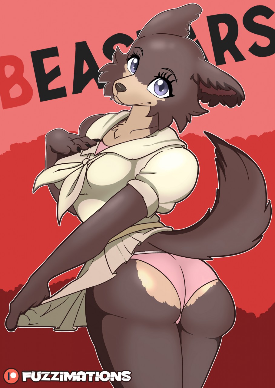 anthro, beastars, blue eyes, breasts, brown body, brown fur, brown nose, canid, canine, canis, claws, clothed, clothing, detailed background, female, fluffy, fluffy tail, fur, fuzzimations, hi res, humanoid, juno (beastars), looking at viewer, mammal, netflix, panties, pink clothing, solo, underwear, watermark, white clothing, wolf