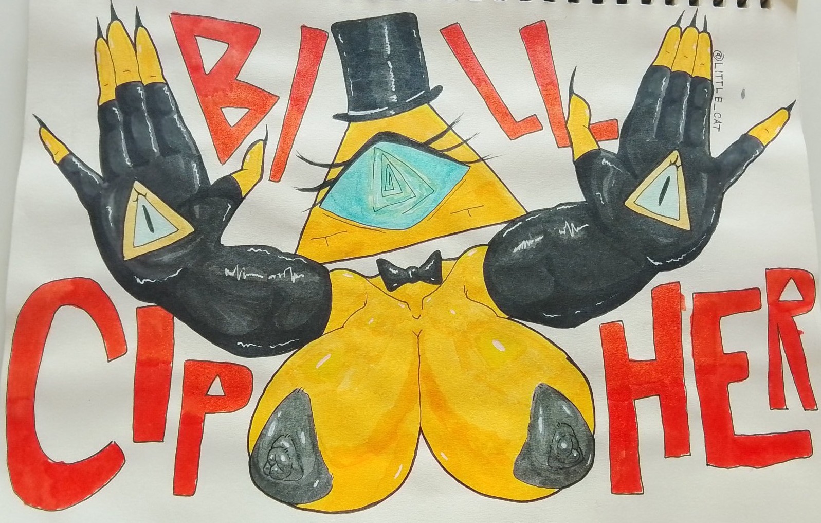 1girls, big breasts, bill cipher, bowtie, breasts, female, female only, gravity falls, huge breasts, large breasts, little cat, massive breasts, pasties, rule 63, sketch, taped breasts, taped nipples