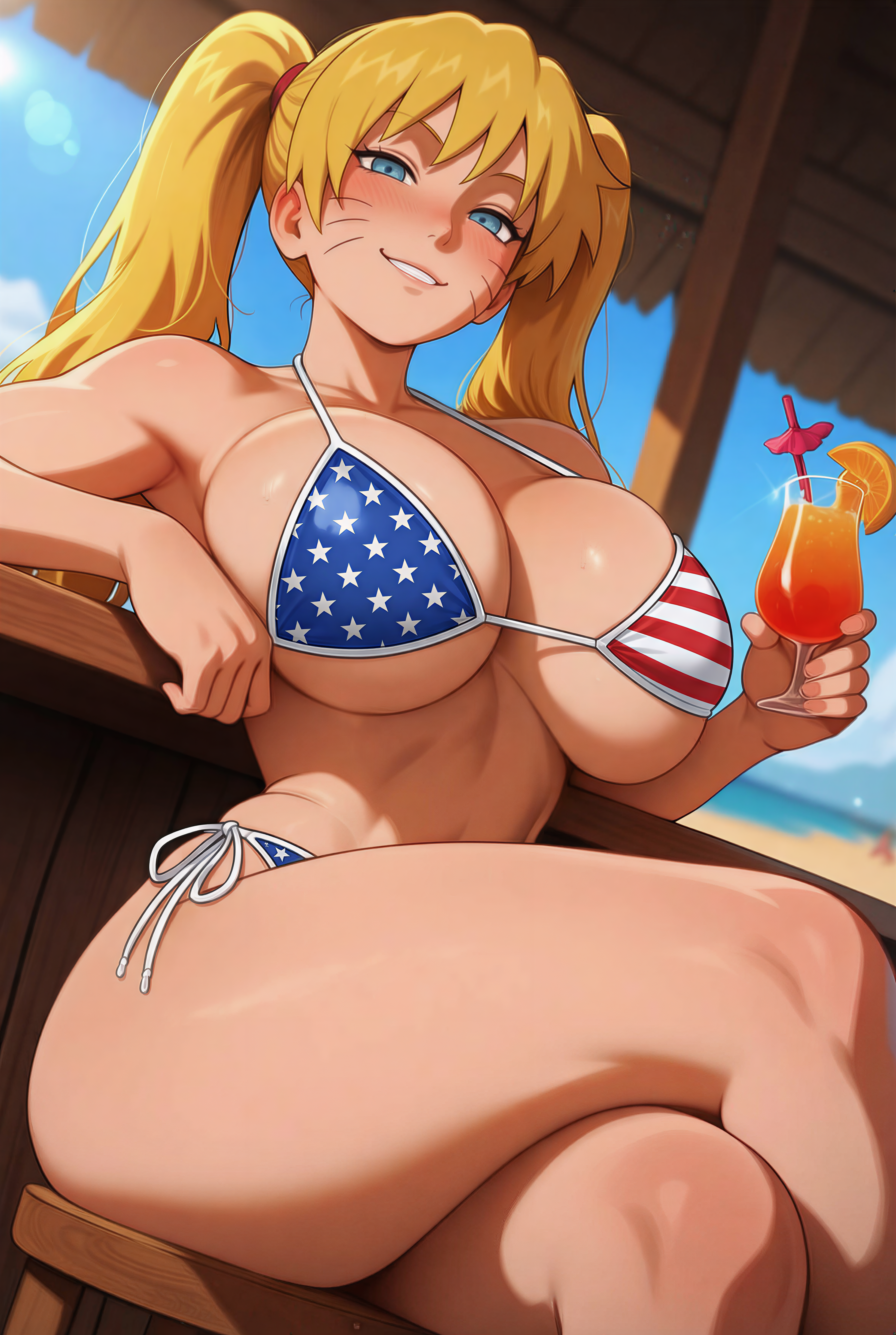1female, 1girls, ai generated, american flag bikini, beach, bikini, blonde hair, blue eyes, looking at viewer, naruko, naruto, naruto (series), naruto shippuden, tagme