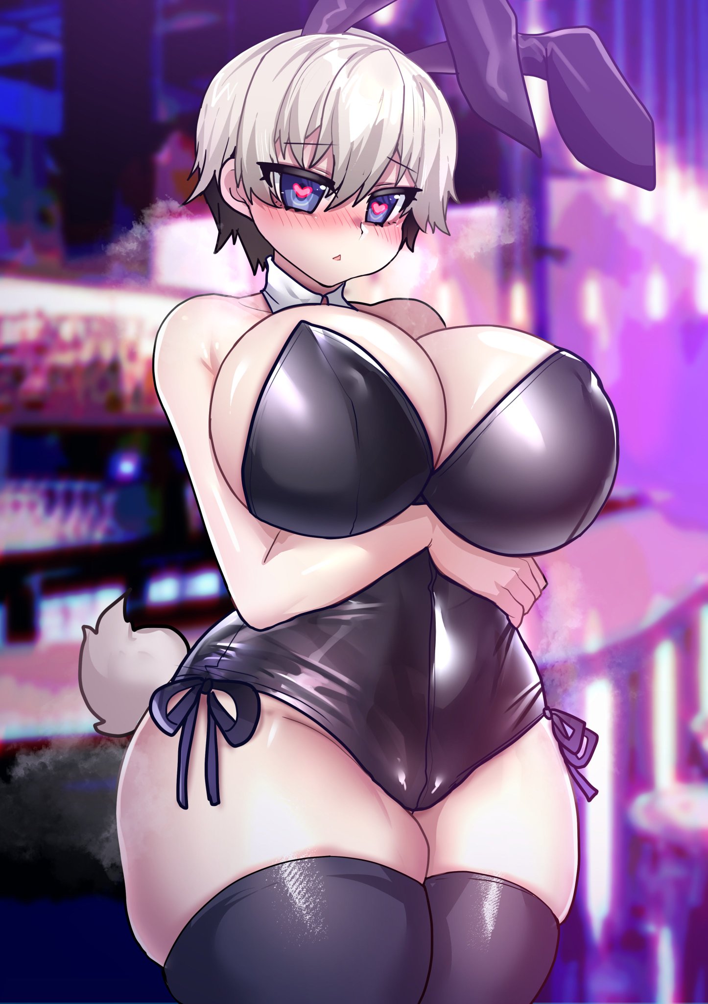 1girls, animal ears, arm under breasts, blue eyes, blush, breasts, bunny ears, bunny girl, bunnysuit, female, heart-shaped pupils, huge breasts, looking at viewer, osiimi, short hair, side-tie panties, silver hair, thick thighs, thighhighs, uzaki hana, uzaki-chan wa asobitai!