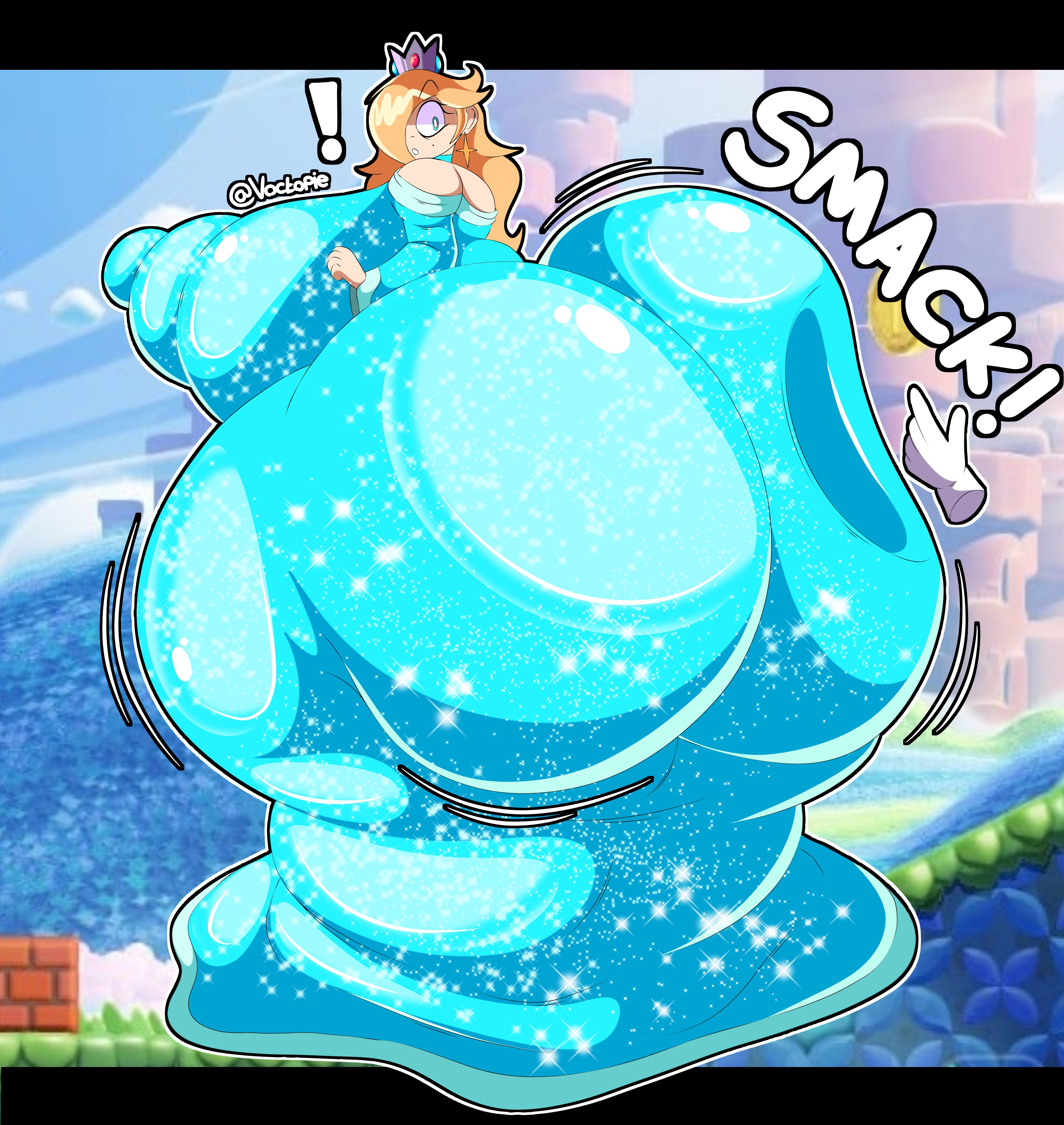 !, areola, areolae, ass, ass bigger than body, ass bigger than head, ass bigger than torso, ass focus, big areola, big areolae, big ass, big breasts, big butt, big nipples, big thighs, blue dress, blue eyes, breasts, breasts bigger than body, breasts bigger than head, breasts bigger than torso, bubble ass, bubble ass (female), bubble butt, clothed, clothing, crown, curvaceous, curvaceous ass, curvaceous body, curvaceous female, curvaceous figure, curvaceous thighs, curvy, curvy female, curvy figure, curvy thighs, cyan dress, cyan eyes, dress, female, female focus, female only, gigantic areola, gigantic areolae, gigantic ass, gigantic breasts, gigantic butt, gigantic nipples, gigantic thighs, hair, hair over one eye, huge areola, huge areolae, huge ass, huge butt, huge nipples, huge thighs, hyper, hyper areola, hyper areolae, hyper ass, hyper breasts, hyper butt, hyper nipples, hyper thighs, large areolae, large ass, large breasts, large butt, large nipples, large thighs, light skin, light-skinned female, long hair, looking at viewer, looking back, mario (series), massive areola, massive areolae, massive ass, massive breasts, massive butt, massive nipples, massive thighs, meetup in bellabel park, nintendo, nipples, princess, princess rosalina, slapping ass, slapping butt, smack, smacking ass, solo, solo female, solo focus, super mario bros., super mario bros. wonder, super mario bros. wonder + meetup in bellabel park, super mario galaxy, thick, thick ass, thick butt, thick legs, thick thighs, thighhighs, thighs, very long hair, voctopie, voluptuous, voluptuous female, yellow hair