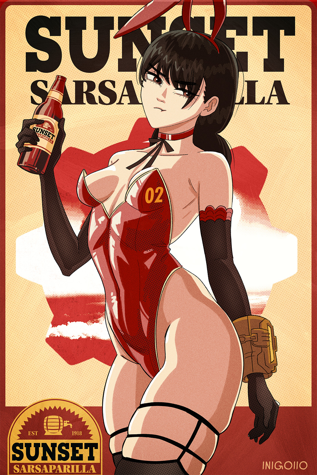 2d, 2d (artwork), animal ear hairband, animal ears, black gloves, black hair, bottle, breasts, brown eyes, bunny ears, bunny girl, bunnysuit, chainsaw man, choker, elbow gloves, english text, fallout, female, female focus, female only, holding object, inigoiio, leotard, mitaka asa, playboy bunny, red leotard, small breasts, solo, solo female, solo focus, strapless, strapless leotard, sunset sarsaparilla, text, thighs