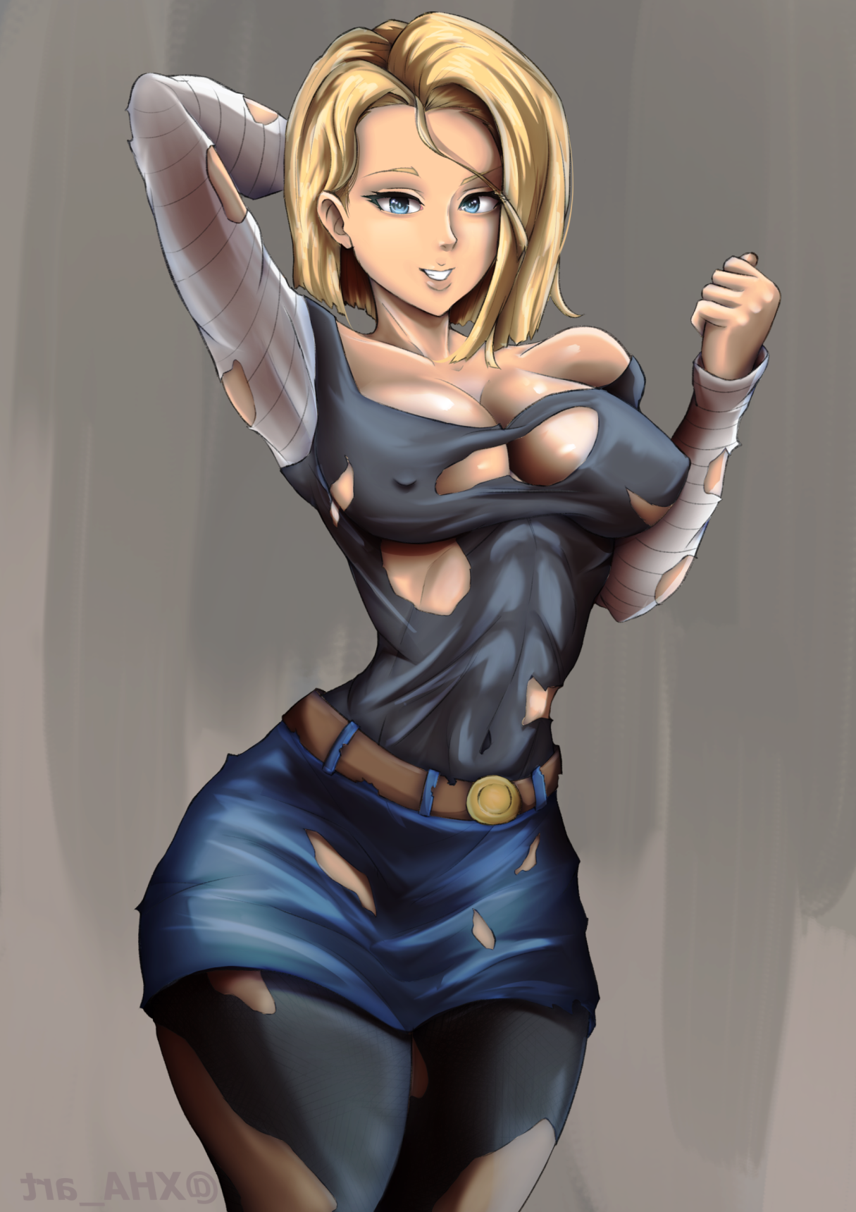 1girls, abs, android 18, blonde hair, breasts, cleavage, clothed, dragon ball, dragon ball super, dragon ball z, female, female only, grey background, large breasts, tagme, torn clothes