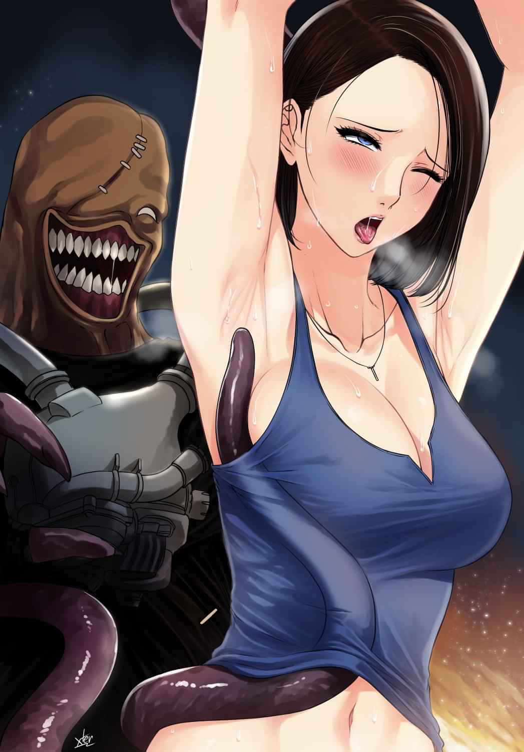 1girls, ahe gao, armpits, breasts, female, implied sex, jill valentine, jill valentine (sasha zotova), meme, nemesis (resident evil), raped by monster, resident evil, resident evil 3, resident evil 3 remake, straight, tank top, tentacle, tentacles under clothes, tongue, tongue out, tyrant, xtermination