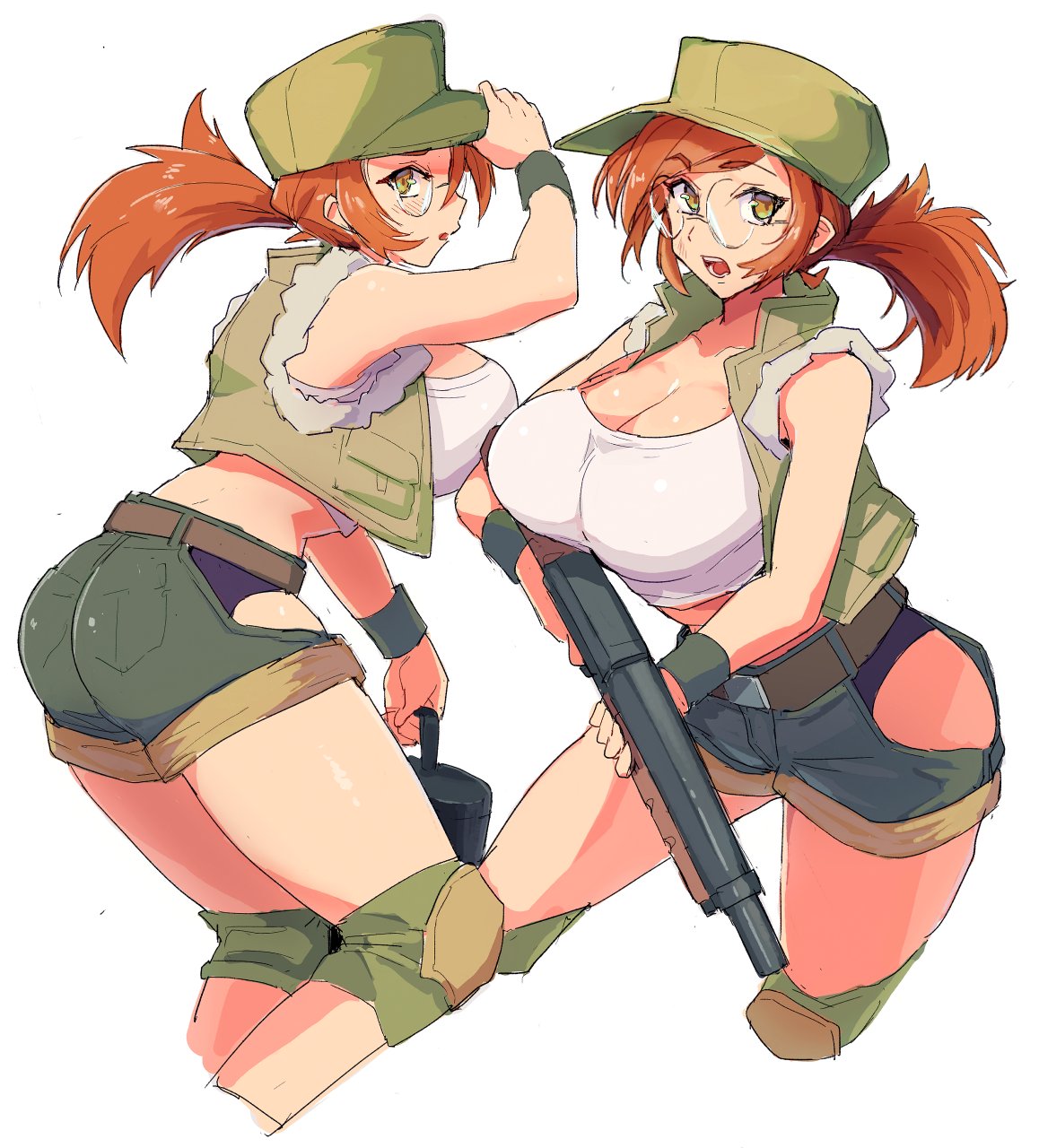 1girl, baseball cap, big breasts, clothed, crop top, cropped jacket, cutout, female, female only, fio germi, glasses, gun, hat, hazel eyes, kneepads, large breasts, madsensei, metal slug, open mouth, ponytail, redhead, redhead female, shorts, tagme, white background