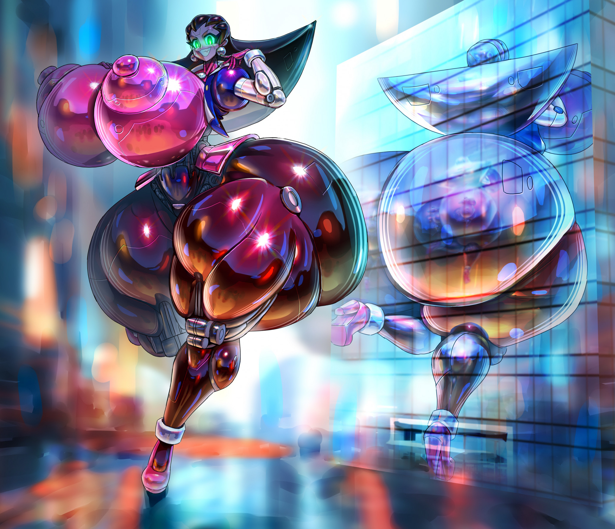 1girls, android, blurry background, breasts, cropped jacket, female, full body, giant, giantess, gigantic breasts, glowing eyes, green eyes, grin, huge areolae, hyper, hyper ass, hyper breasts, jacket, looking at viewer, mechabare, mechanical, mega man, mega man legends, metal hair, metallic body, noonun, outdoors, puffy nipples, reflection, robot girl, shiny skin, solo, sparkles, standing, standing on one leg, thick thighs, thigh boots, tron bonne, very long hair