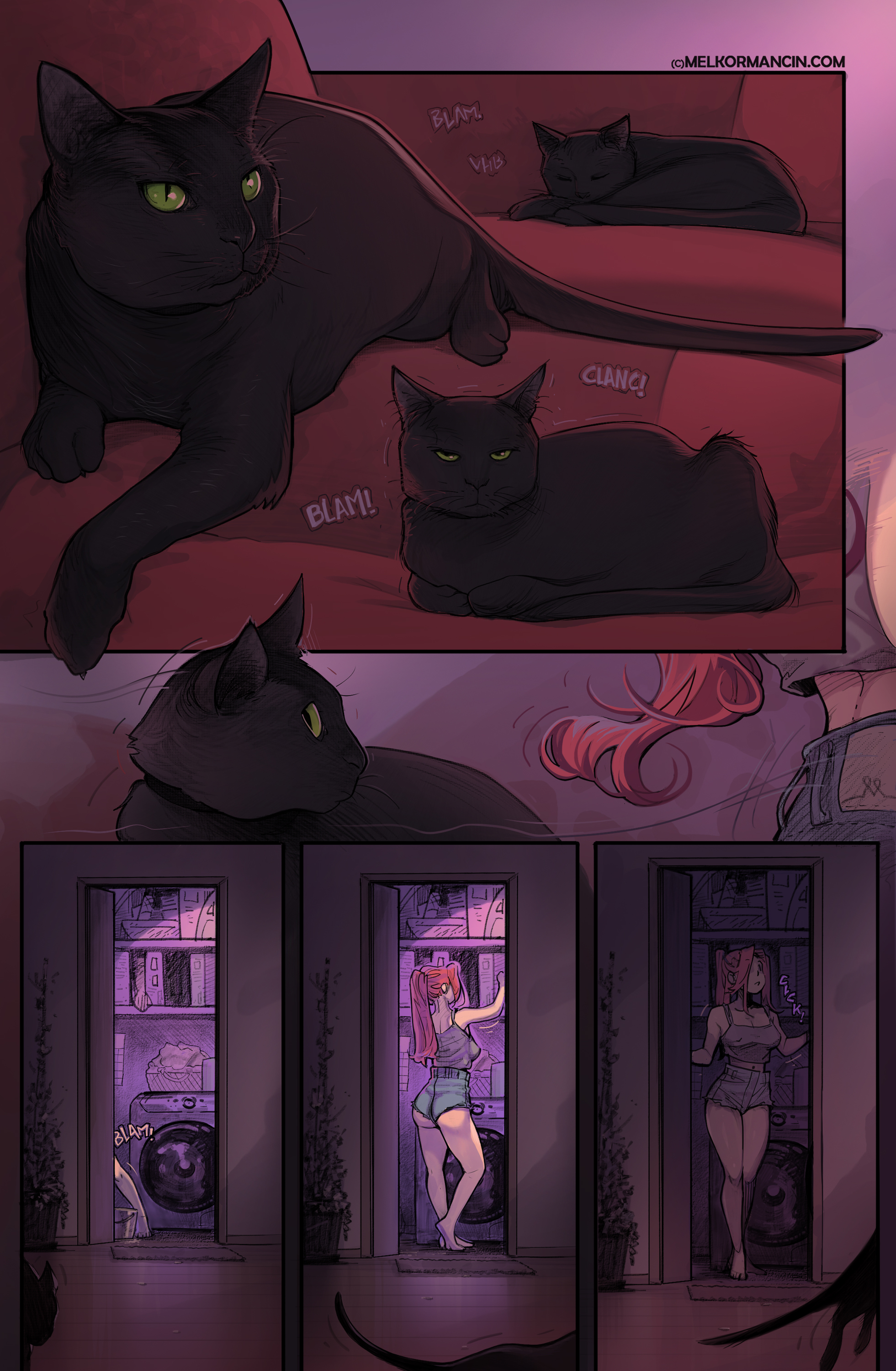 ass, barefoot, big ass, big breasts, breasts, bubble ass, bubble butt, cat, chloe currey, colored, comic, female, jean shorts, laundry, laundry room, legs, melkor mancin, midriff, night, nipples visible through clothing, original, ponytail, red hair, unaware, voyeur