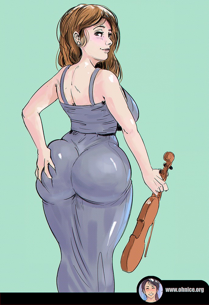 1girls ass ass_grab back brown_hair female from_behind huge_ass huge_breasts long_hair looking_back mature milf musician oh!nice original original_character sideboob smiling text url violin watermark