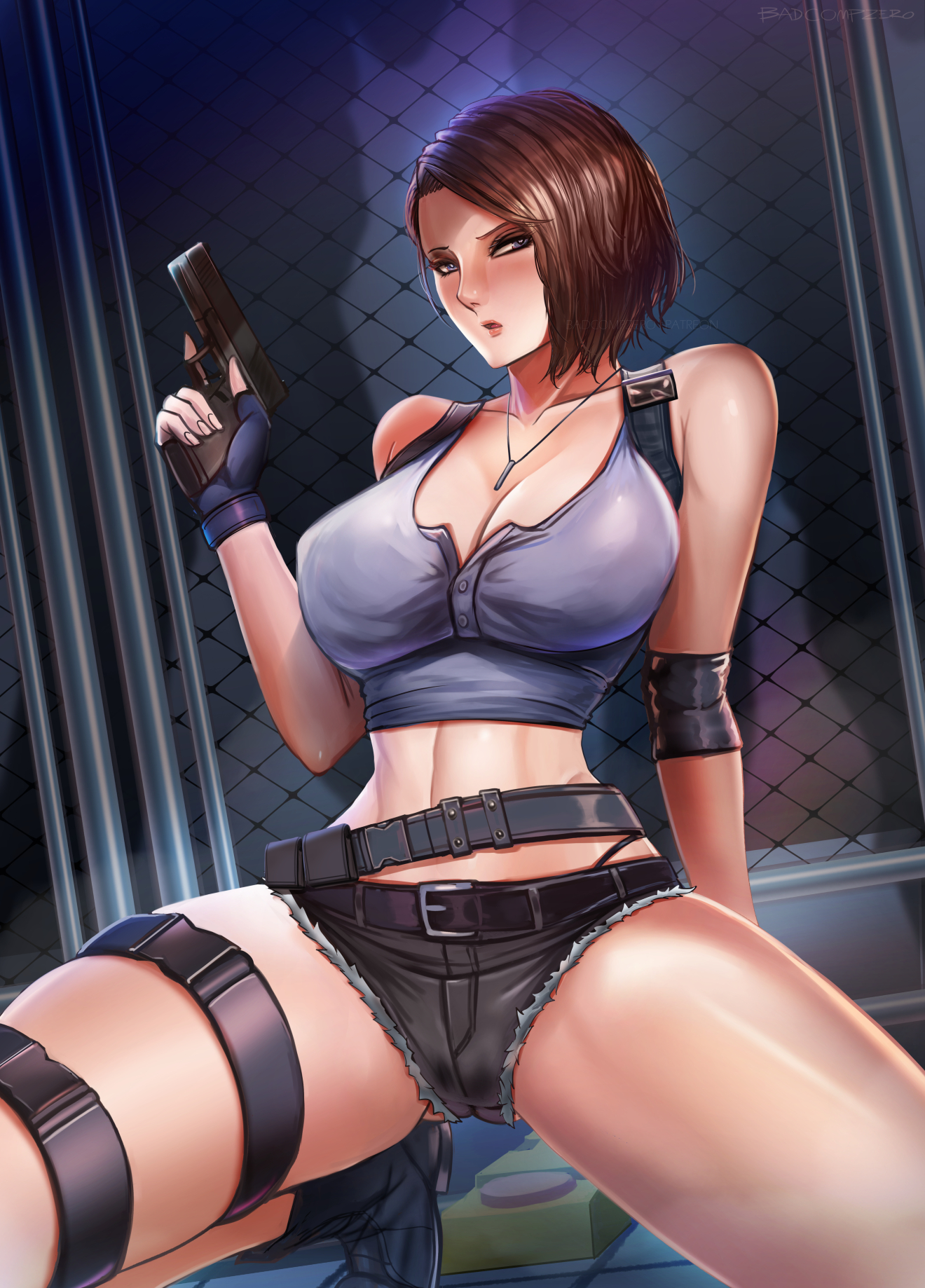 1girls, abs, alternate breast size, alternate outfit, badcompzero, breasts, cleavage, curvy, female, female only, huge breasts, jill valentine, jill valentine (sasha zotova), looking at viewer, resident evil, resident evil 3, resident evil 3 remake, short shorts, solo, spread legs, wide hips