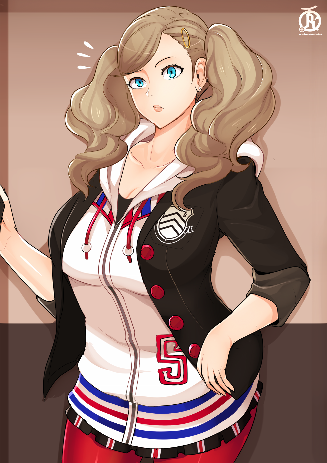 ann takamaki, atlus, big breasts, blonde hair, blue eyes, breasts, color, female, female only, huge breasts, long hair, persona, persona 5, red legwear, revolverwingstudios, shuujin academy uniform, solo, solo female, solo focus, twintails