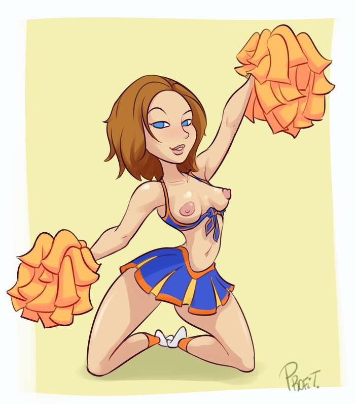 areolae, athletic, bare midriff, bare shoulders, blue eyes, blush, bonnie rockwaller, breasts, breasts out, cheerleader, cheerleader uniform, disney, eyelashes, female, female focus, female only, fit, fit female, full body, kim possible, kneeling, medium breasts, miniskirt, nipples, pinup, pose, posing, profit, skirt, sneakers, solo, tagme, tank top, tied shirt