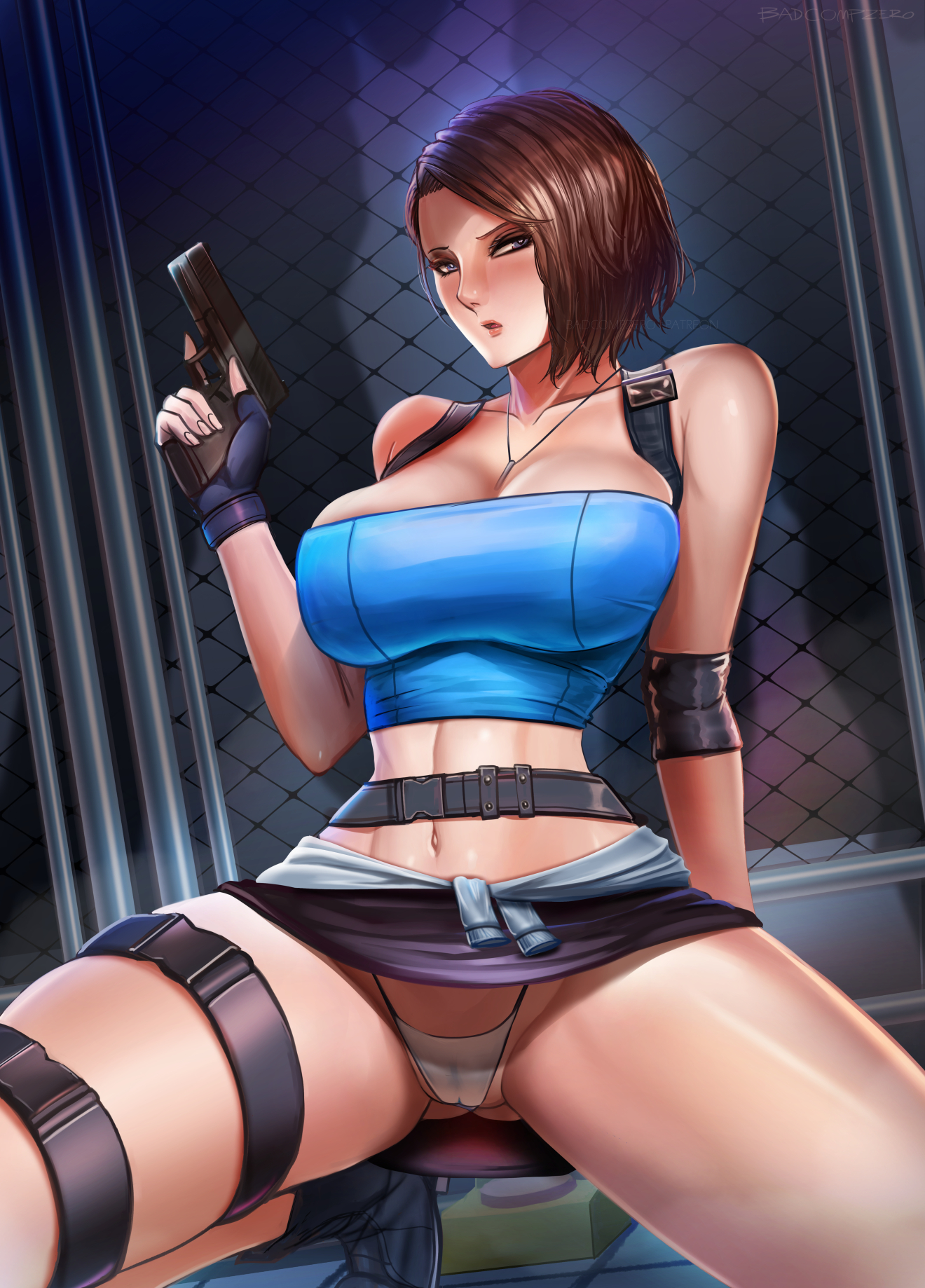 1girls, abs, alternate breast size, badcompzero, belt, breasts, cleavage, curvy, female, female only, firearm, glock, gloves, gun, handgun, harness, huge breasts, jill valentine, jill valentine (julia voth), looking at viewer, panties, pistol, resident evil, resident evil 3, see-through, see-through clothing, see-through panties, skirt, skirt lift, solo, spread legs, tubetop, upskirt, weapon, wide hips