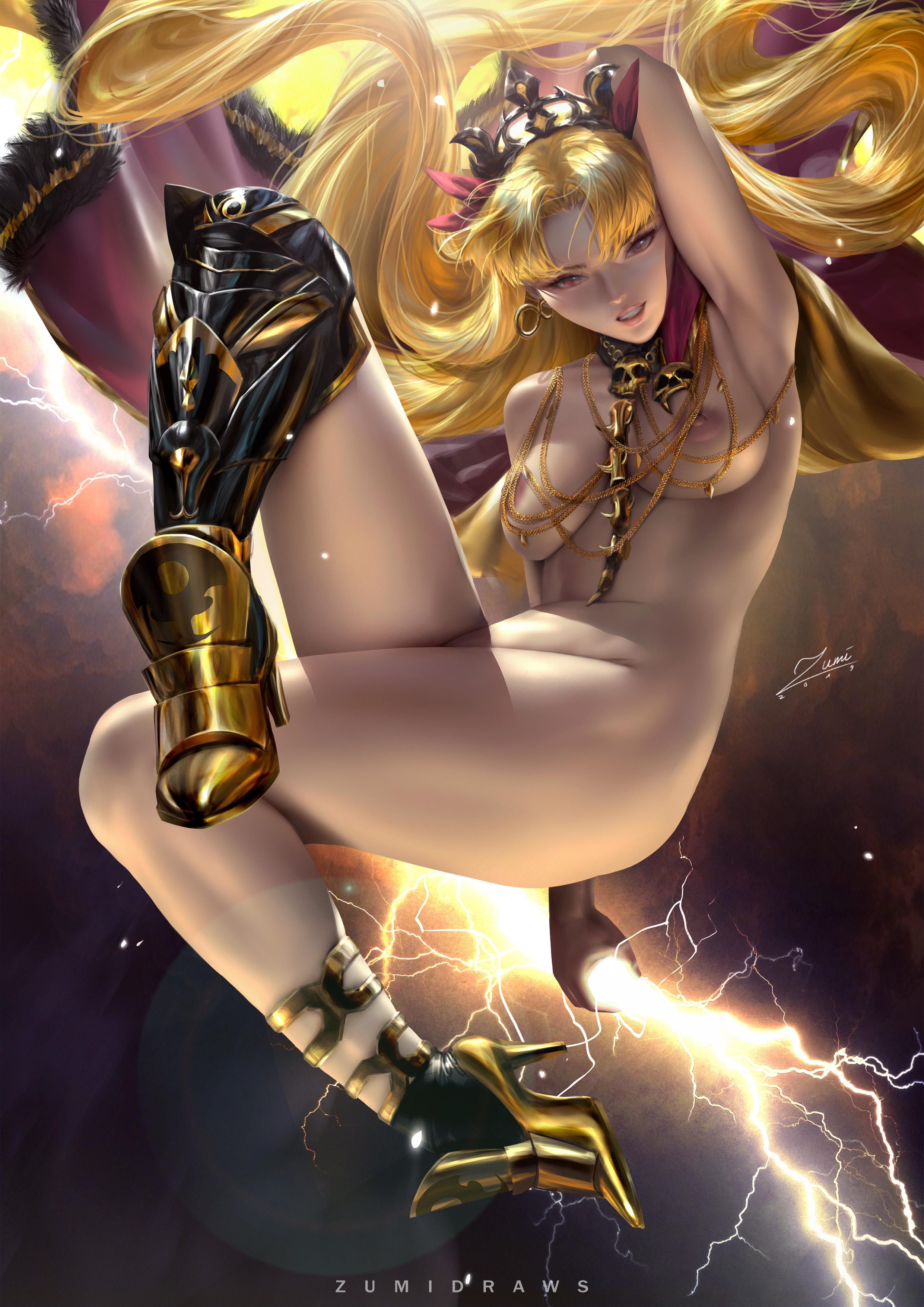 1girls, blonde hair, boots, breasts, cape, earrings, ereshkigal (fate), fate (series), female, female only, hair ornament, hand behind head, high heels, jewelry, long hair, nipples, solo, tagme, zumi
