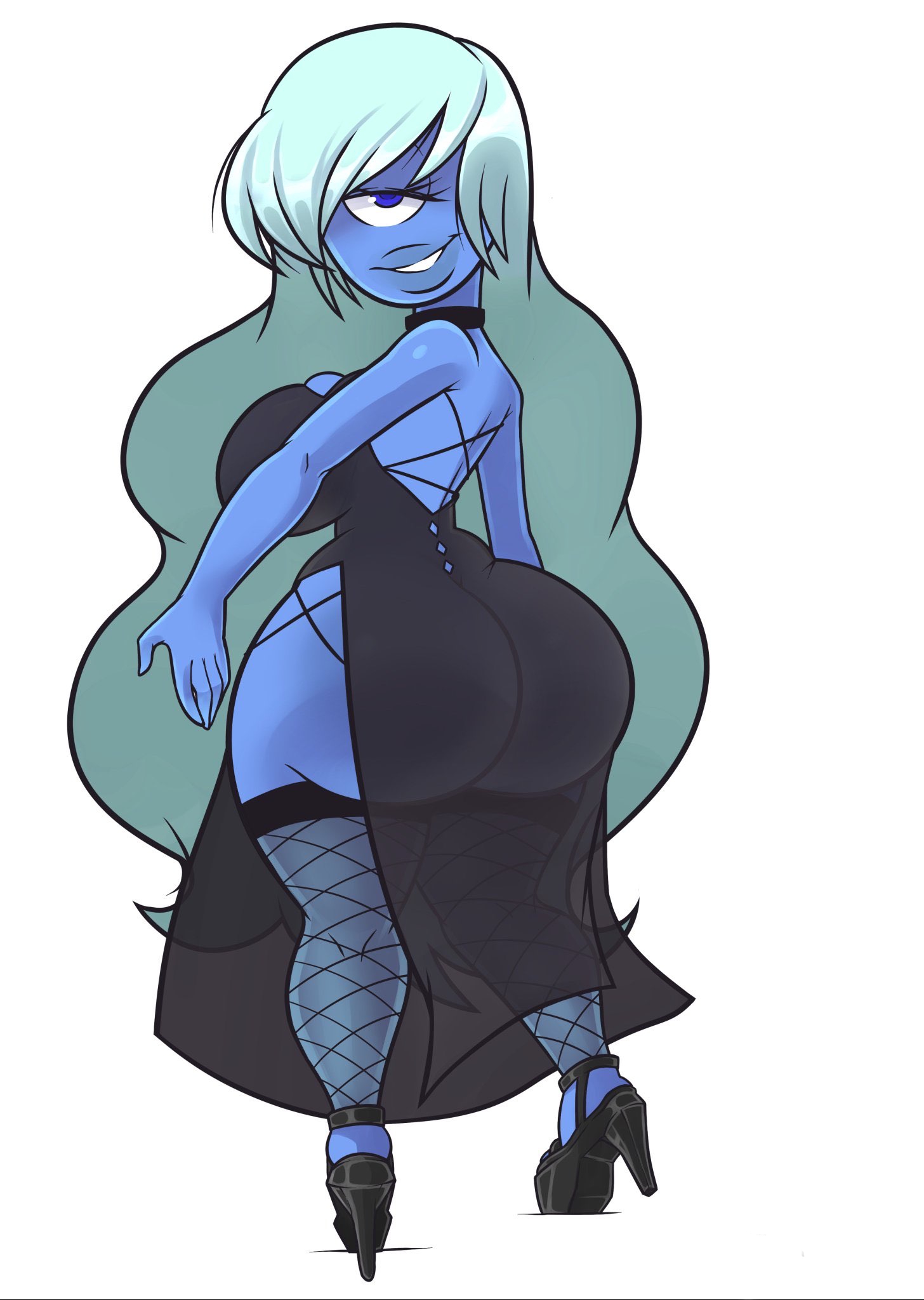 1 eye, alien, alien girl, ass, big ass, black dress, blue eye, blue eyes, blue skin, bubble ass, bubble butt, cartoon network, cyclops, dress, female, female only, looking at viewer, looking back, raccoonserver, sapphire (steven universe), sci-fi, science fiction, scifi, shortstack, solo, solo female, steven universe, stockings