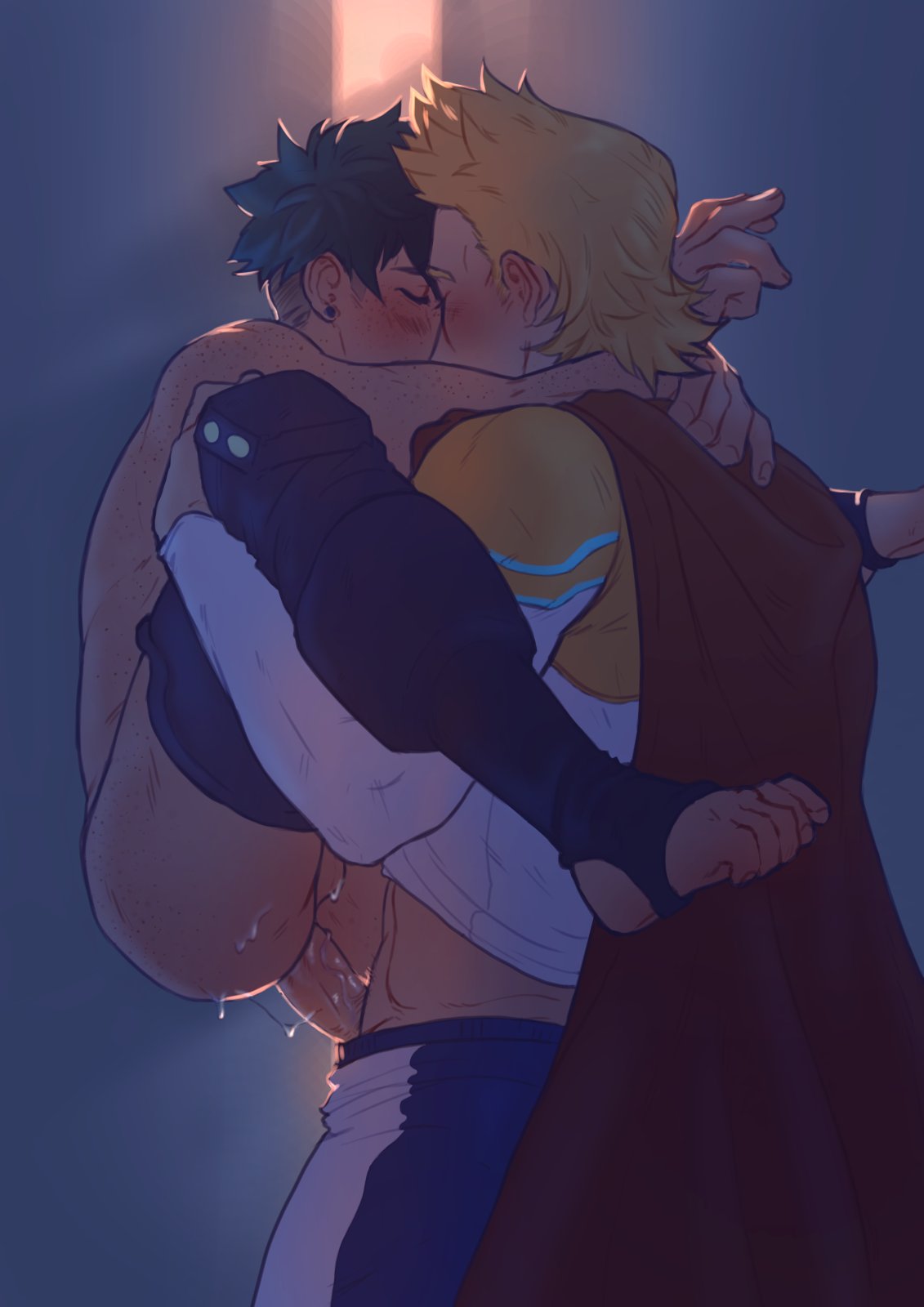 2boys, anal, anal juice, anal penetration, anal sex, big penis, blonde hair, closet, clothed, clothing, freckles, gay, green hair, izuku midoriya, legs up, male, male only, mirio togata, my hero academia, penis, short hair, spacenipnops, thick thighs, thighs, veiny penis, yaoi
