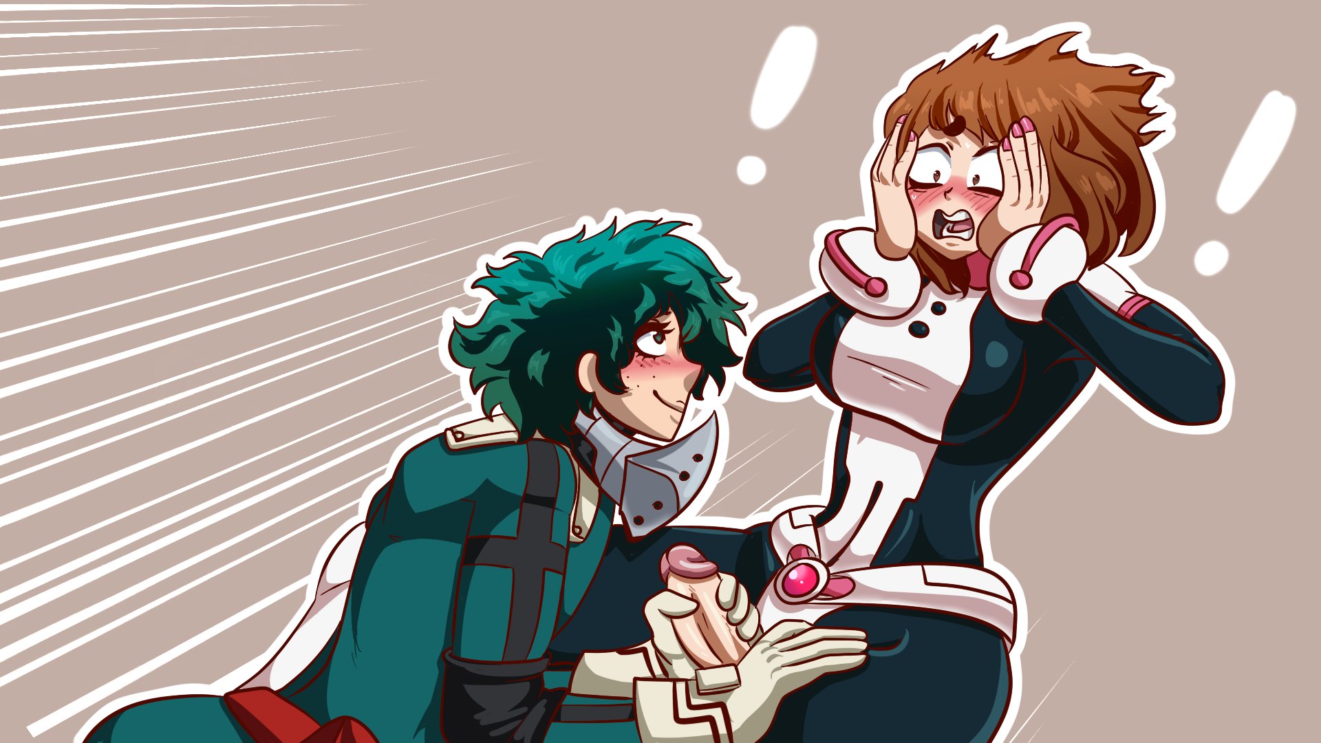 !, 1boy, 1futa, 2020, blush, brown eyes, brown hair, clothed, clothing, cute, embarrassed, exclamation, futanari, gloves, green eyes, green hair, handjob, happy, happy sex, hero outfit (mha), imminent oral, imminent sex, intersex, izuku midoriya, male, male on futa, my hero academia, ochako uraraka, open mouth, painted nails, pink nails, shocked, short hair, smile, surprised, white skin, wolf glade
