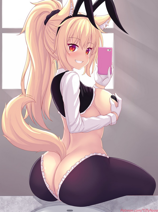 1girls animal_ear_fluff animal_ears big_ass black_heart_pasties black_pasties bunny_ears bunny_girl bunny_suit cat_ears cat_girl cat_tail catgirl covering_breasts female female_only nekomimi pasties ponytail red_eyes reverse_bunnysuit selfie smile solo solo_female tagme tail tiffy tiffynyaa