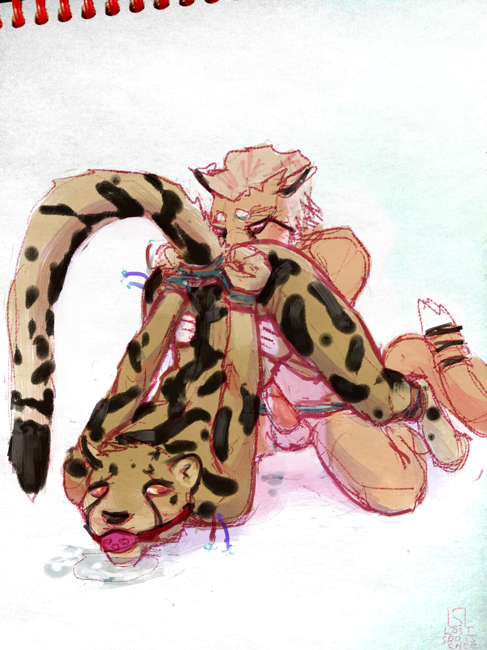 2boys 3:4 anthro ball_gag carbinecat_(character) cheetah duo felid feline femboy gag hi_res lostspotschee losty male male/male male_only mammal