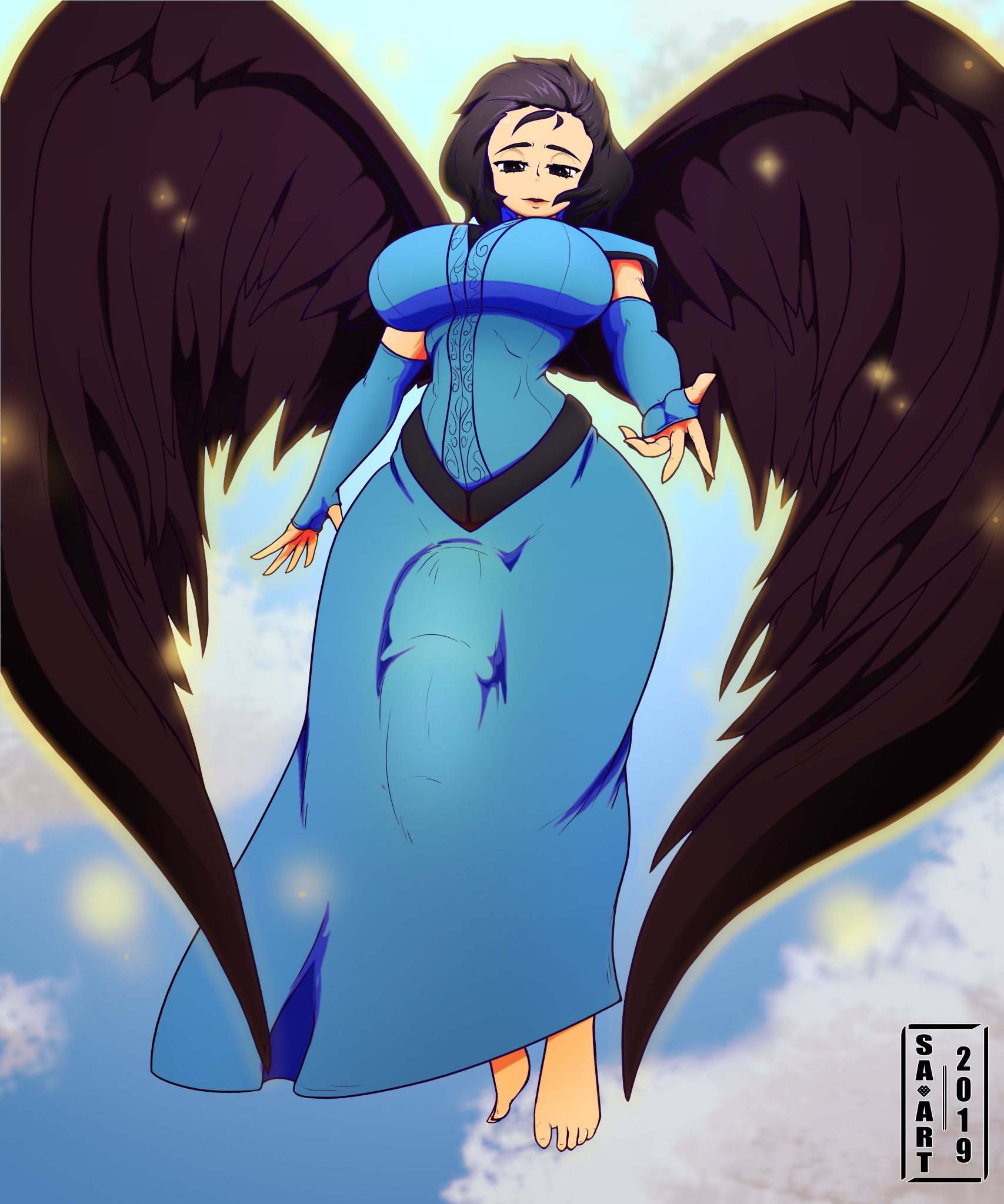 1futa, angel, angel wings, arm sleeves, armwear, big breasts, big penis, black wings, bottomless skirt, breasts, bulge, cameltail, dickgirl, dress, erection under clothes, erection under skirt, floating, fully clothed, futa only, futanari, glowing, half-erect, huge cock, hyper, hyper penis, intersex, large breasts, looking at viewer, looking down, magic the gathering, penis, penis bulge, penis under clothes, penis under skirt, reaching towards viewer, restoration angel, skirt, strangeazian, wide hips