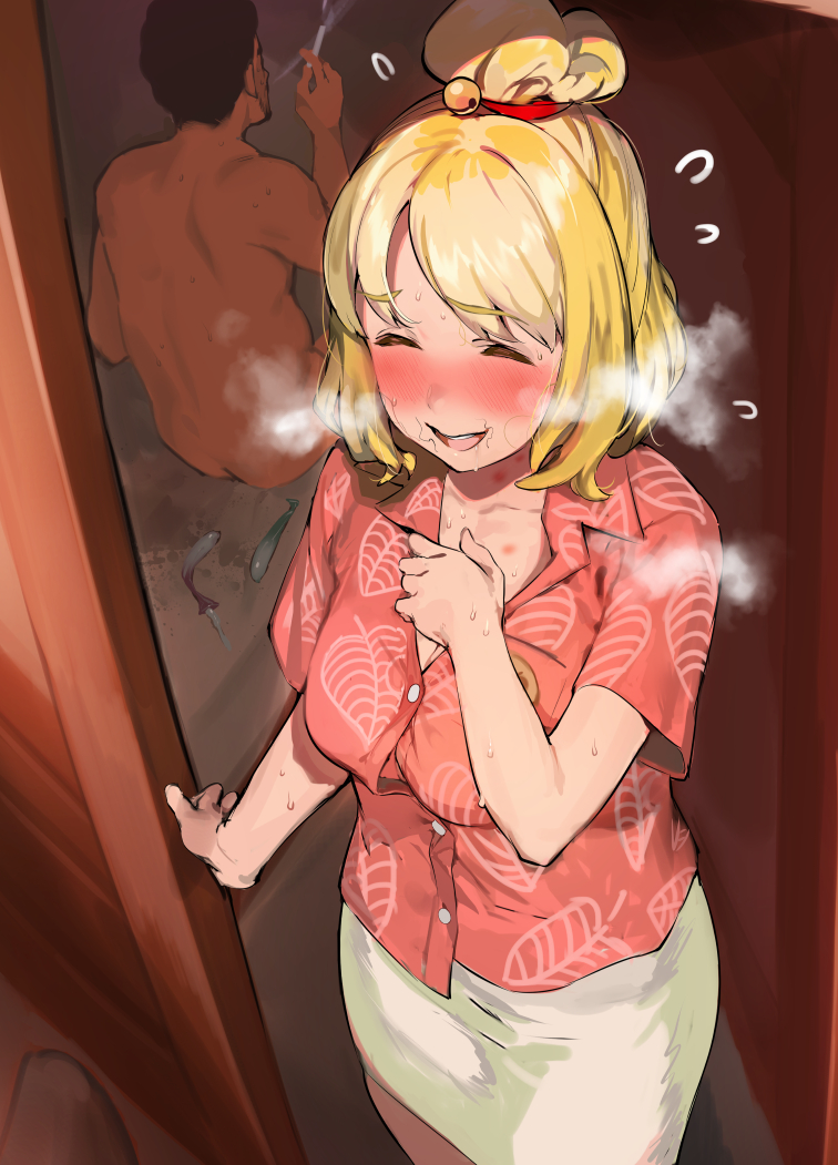 1boy, 1girls, 2019, after sex, animal crossing, animal crossing new horizons, blonde hair, blush, cigarette, clothed female nude male, condom, cum, cum in condom, female, hair ornament, heavy breathing, humanized, iku (ikuchan kaoru), isabelle (animal crossing), male, nintendo, skirt, stray pubic hair, used condom