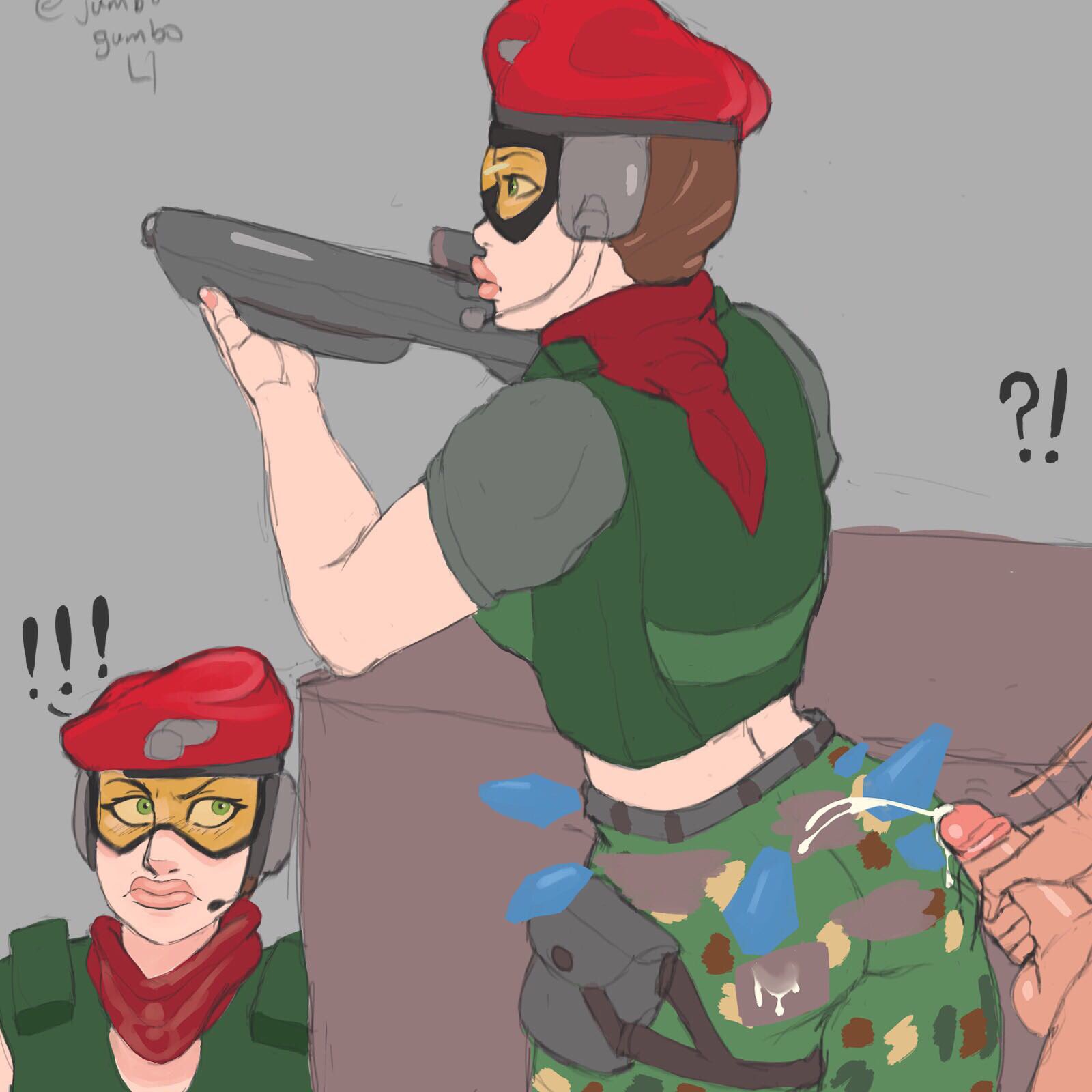 !, 1boy, 1girls, alibi (rainbow six), big breasts, breasts, camouflage, cum, ejaculation, faceless male, female, glasses, green eyes, jumbogumbo, male, masturbation, rainbow six, rainbow six siege, semen, surprised, tagme, thick lips, tom clancy, weapon