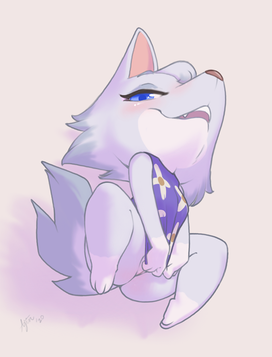 2020 ajin animal_crossing blue_eyes canid canine canis clothing female genitals hi_res looking_at_viewer mammal nintendo open_mouth pussy sharp_teeth shirt simple_background smile solo teeth topwear video_games whitney_(animal_crossing) wolf